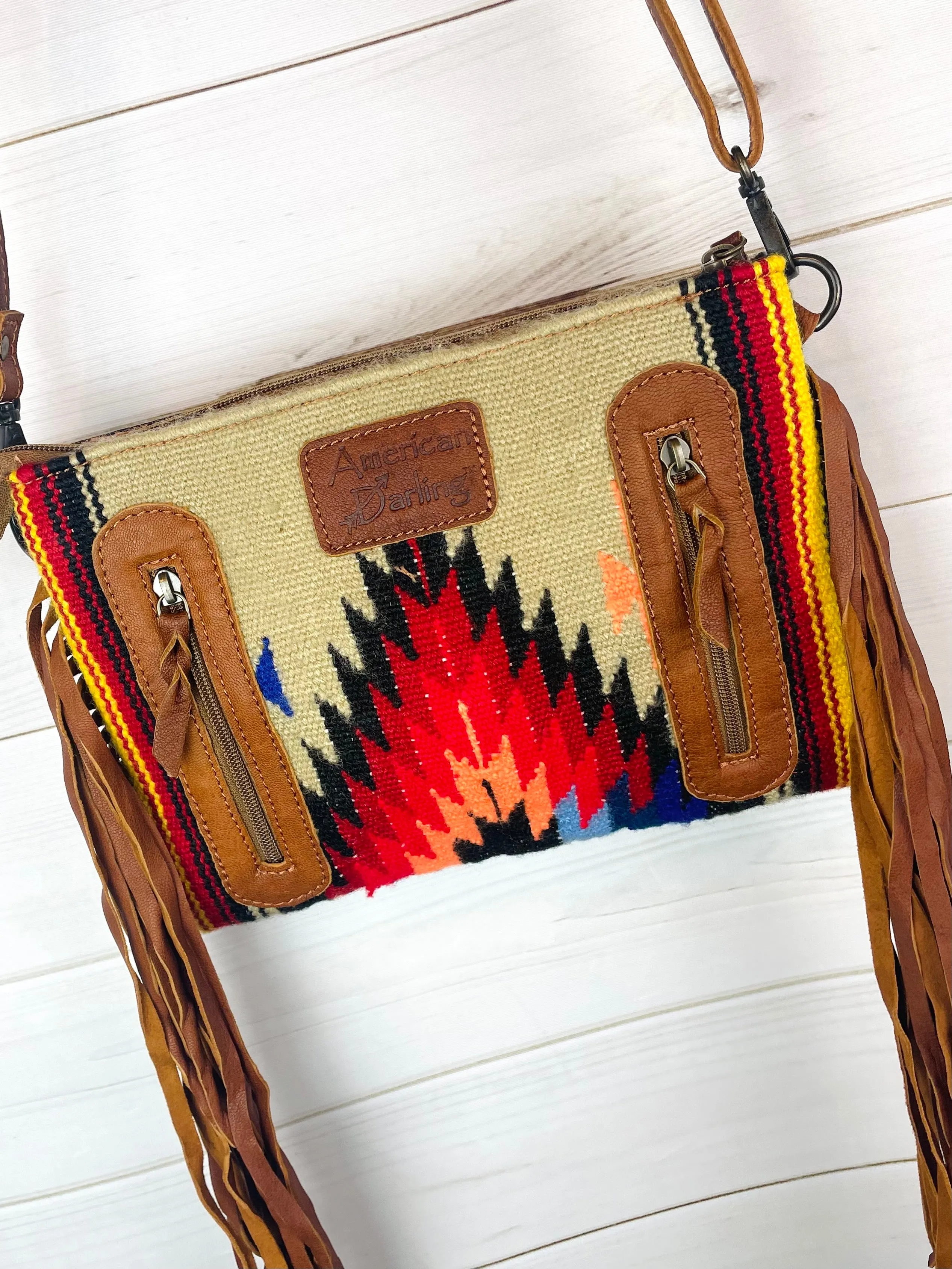 Tan Blue Diamond Tooled Fringe / Wool Medium Bag