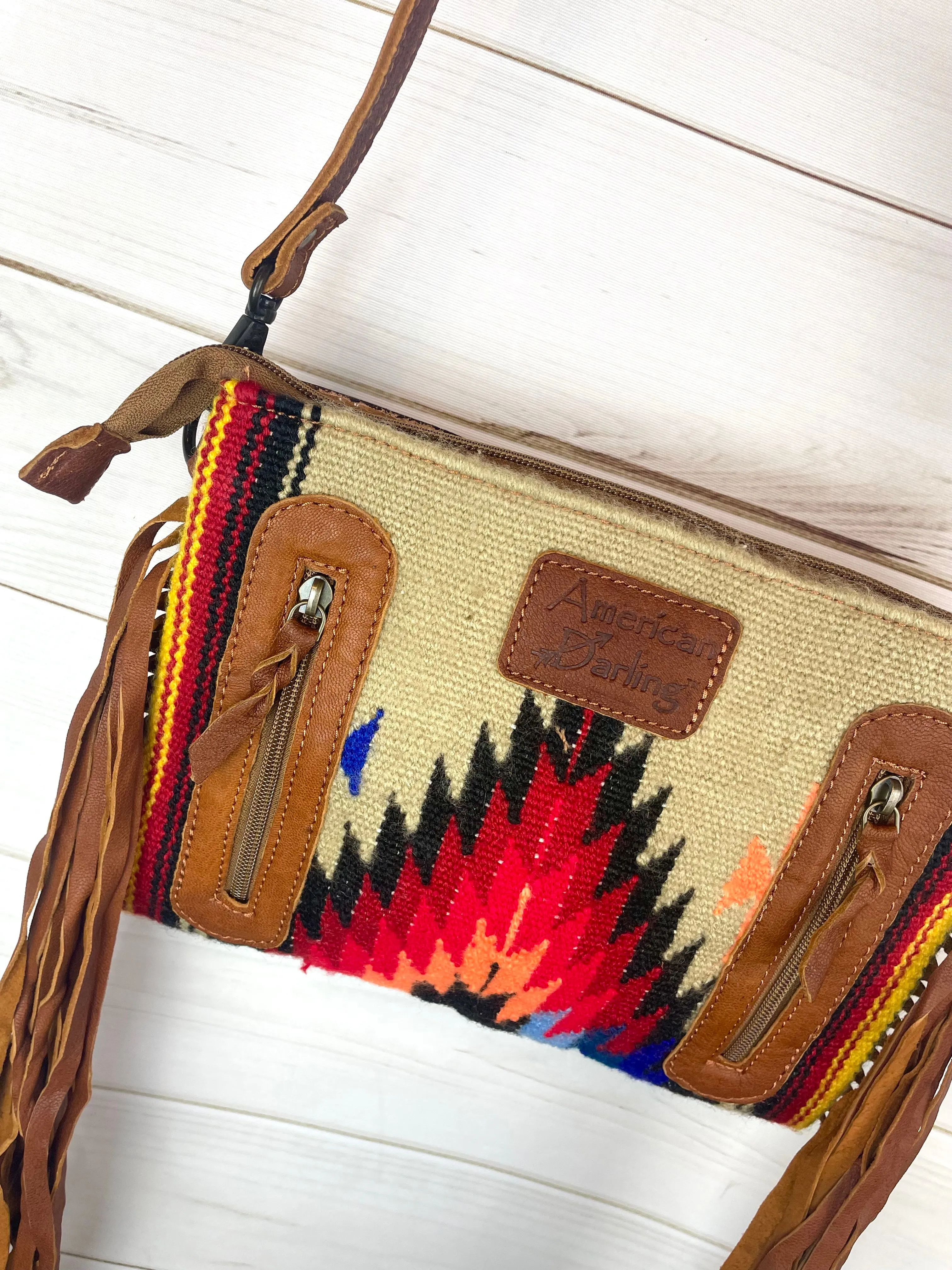 Tan Blue Diamond Tooled Fringe / Wool Medium Bag