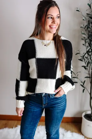 Tatiana Checkered Boatneck Sweater - Black