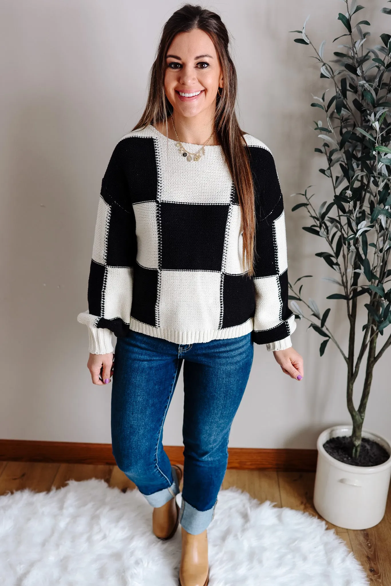 Tatiana Checkered Boatneck Sweater - Black