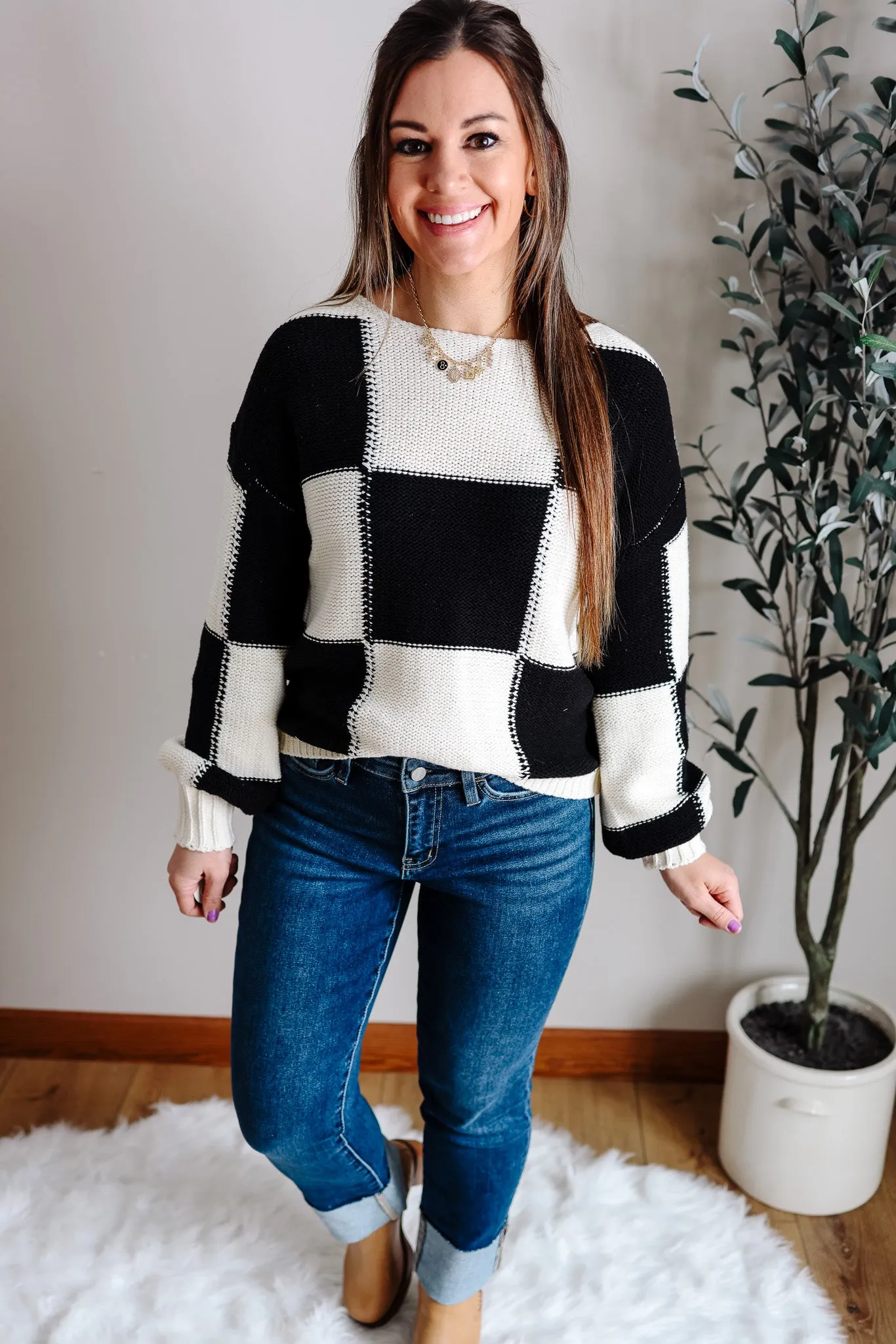 Tatiana Checkered Boatneck Sweater - Black