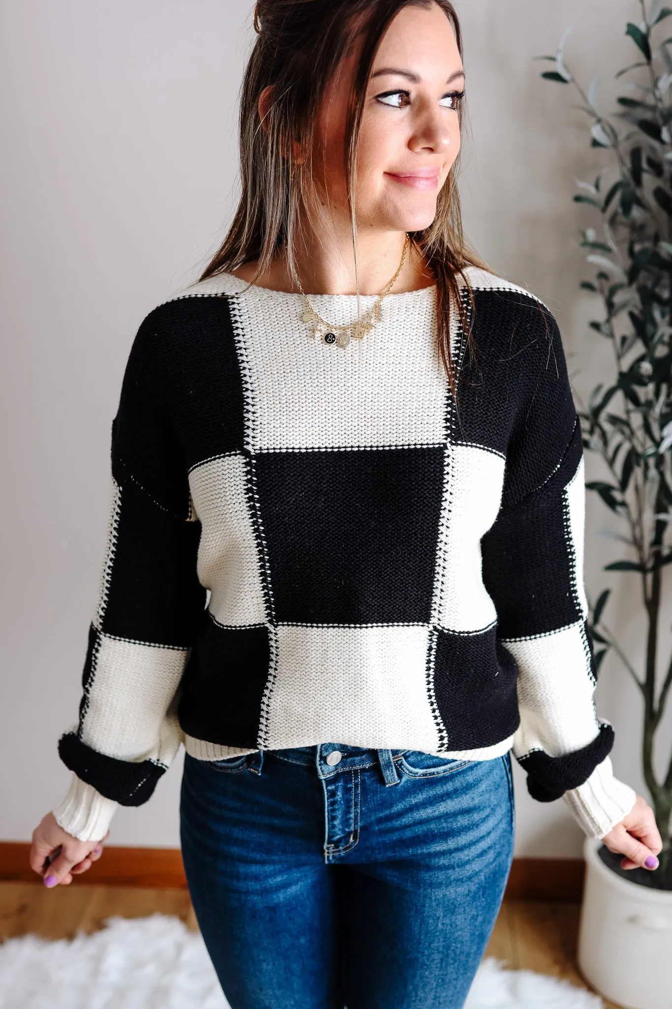 Tatiana Checkered Boatneck Sweater - Black