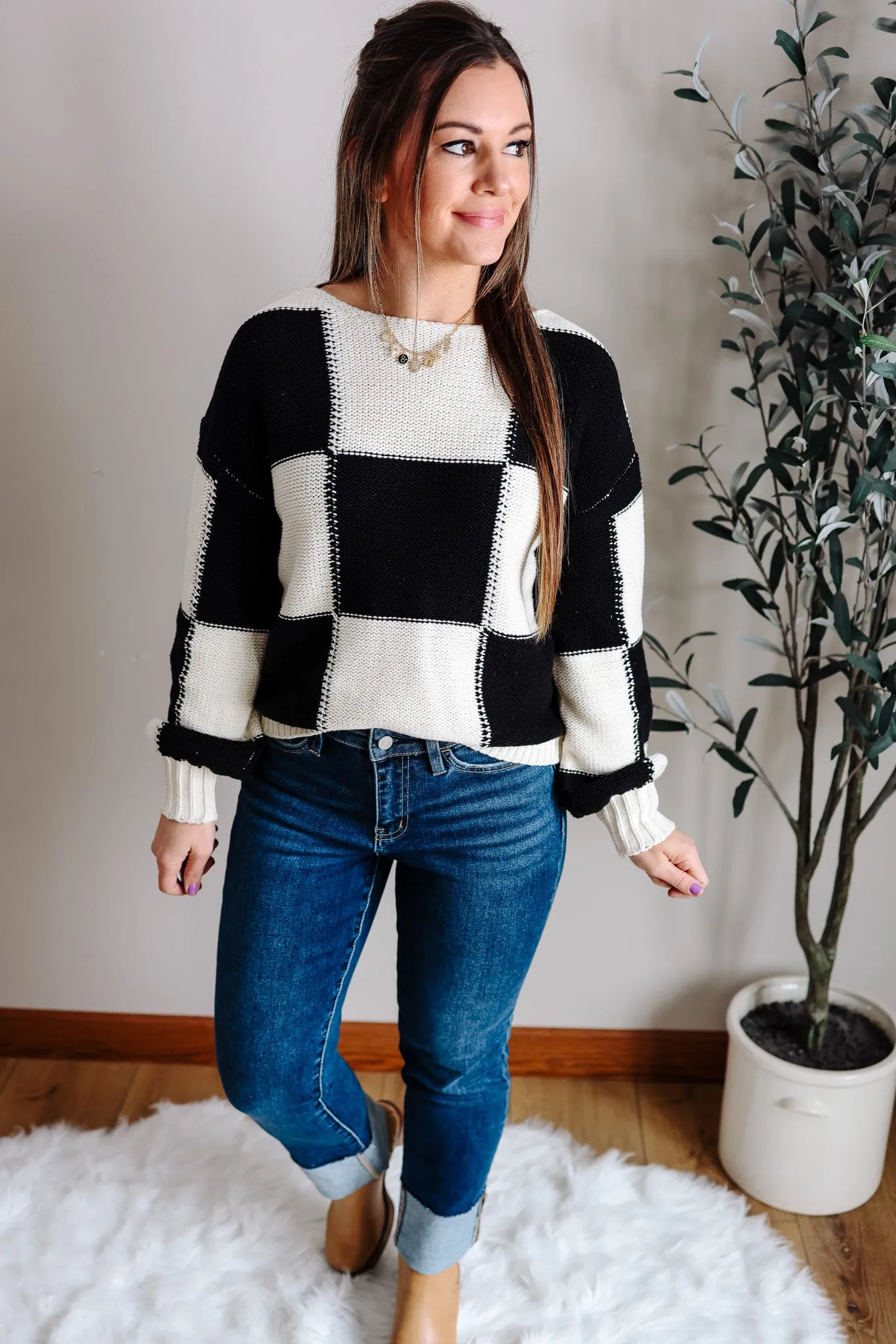 Tatiana Checkered Boatneck Sweater - Black