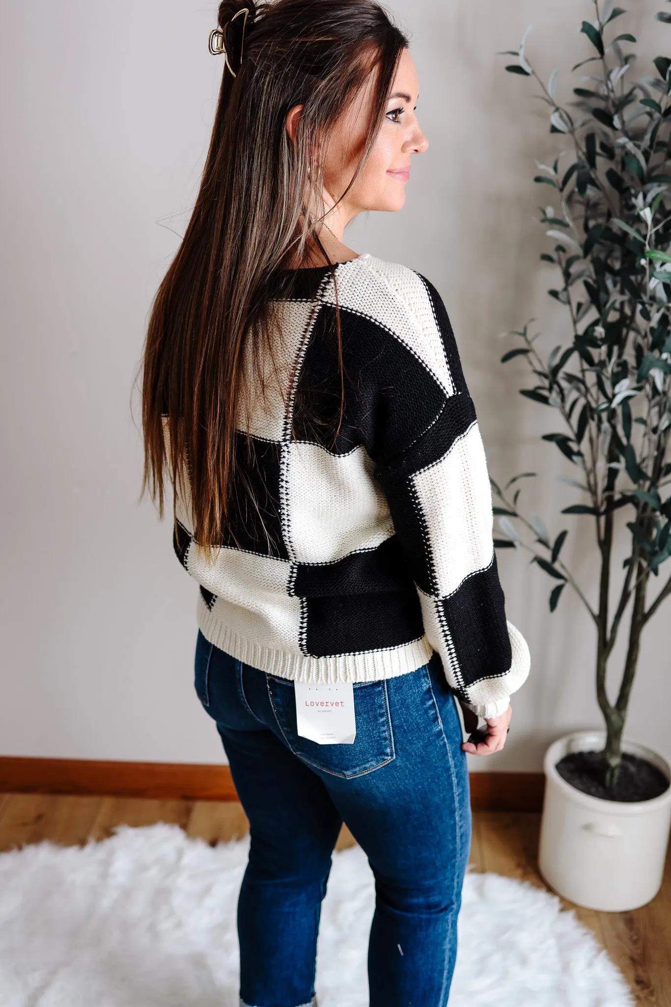 Tatiana Checkered Boatneck Sweater - Black