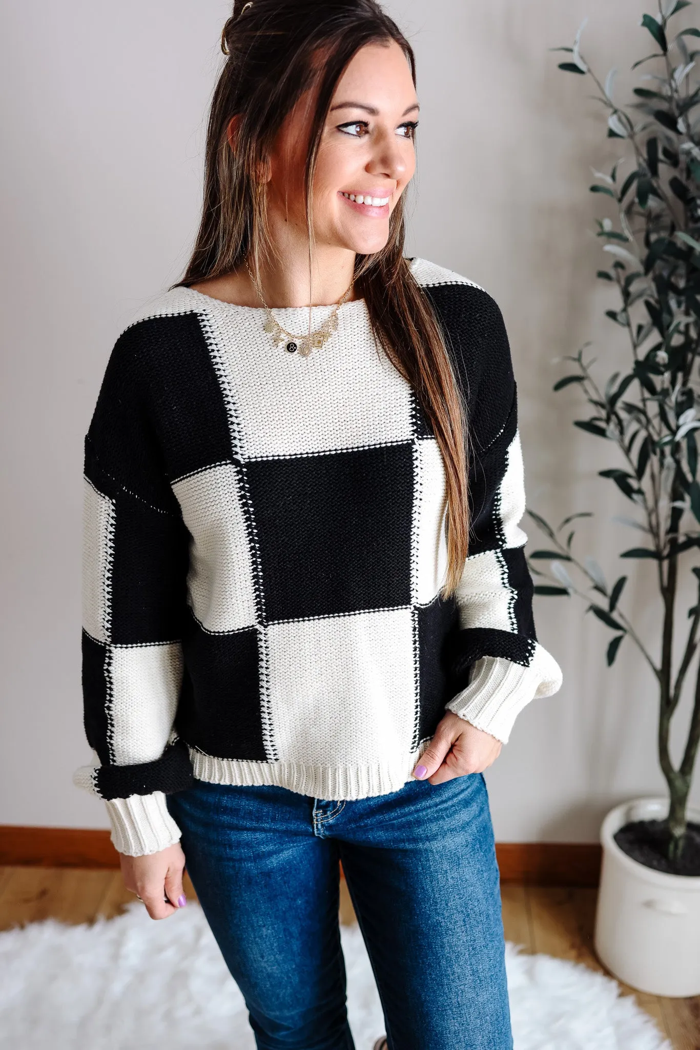 Tatiana Checkered Boatneck Sweater - Black