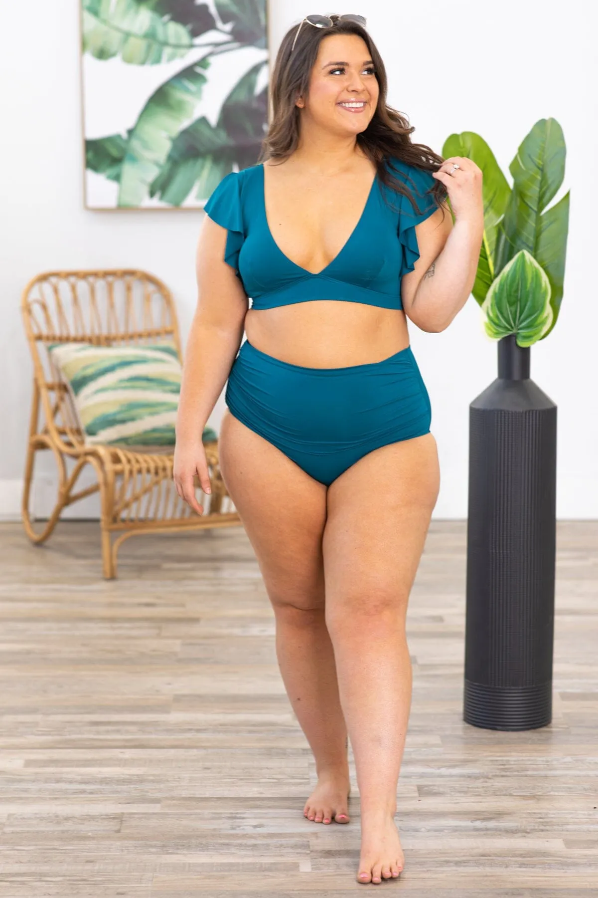 Teal Flutter Sleeve Two Piece Swimsuit