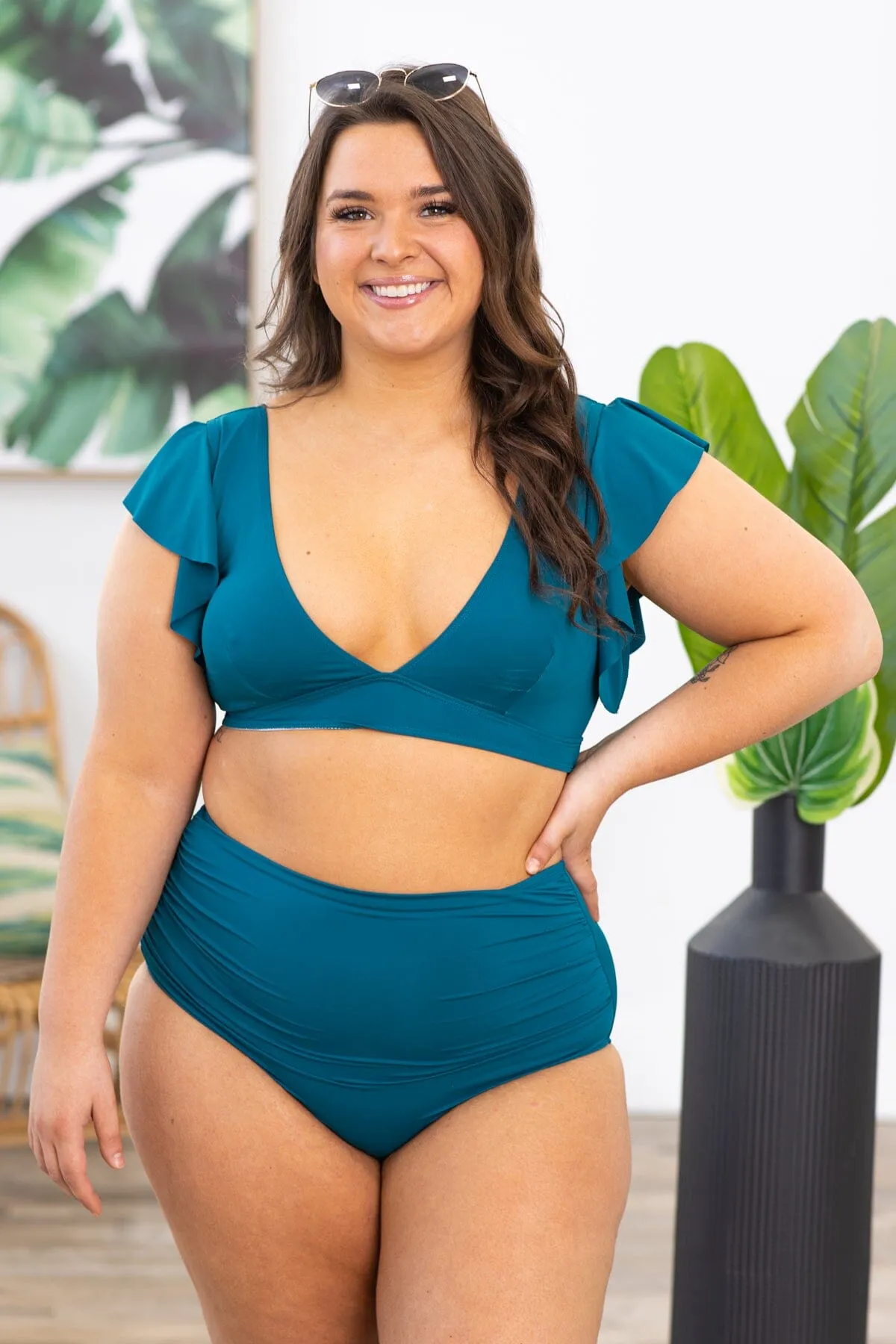 Teal Flutter Sleeve Two Piece Swimsuit