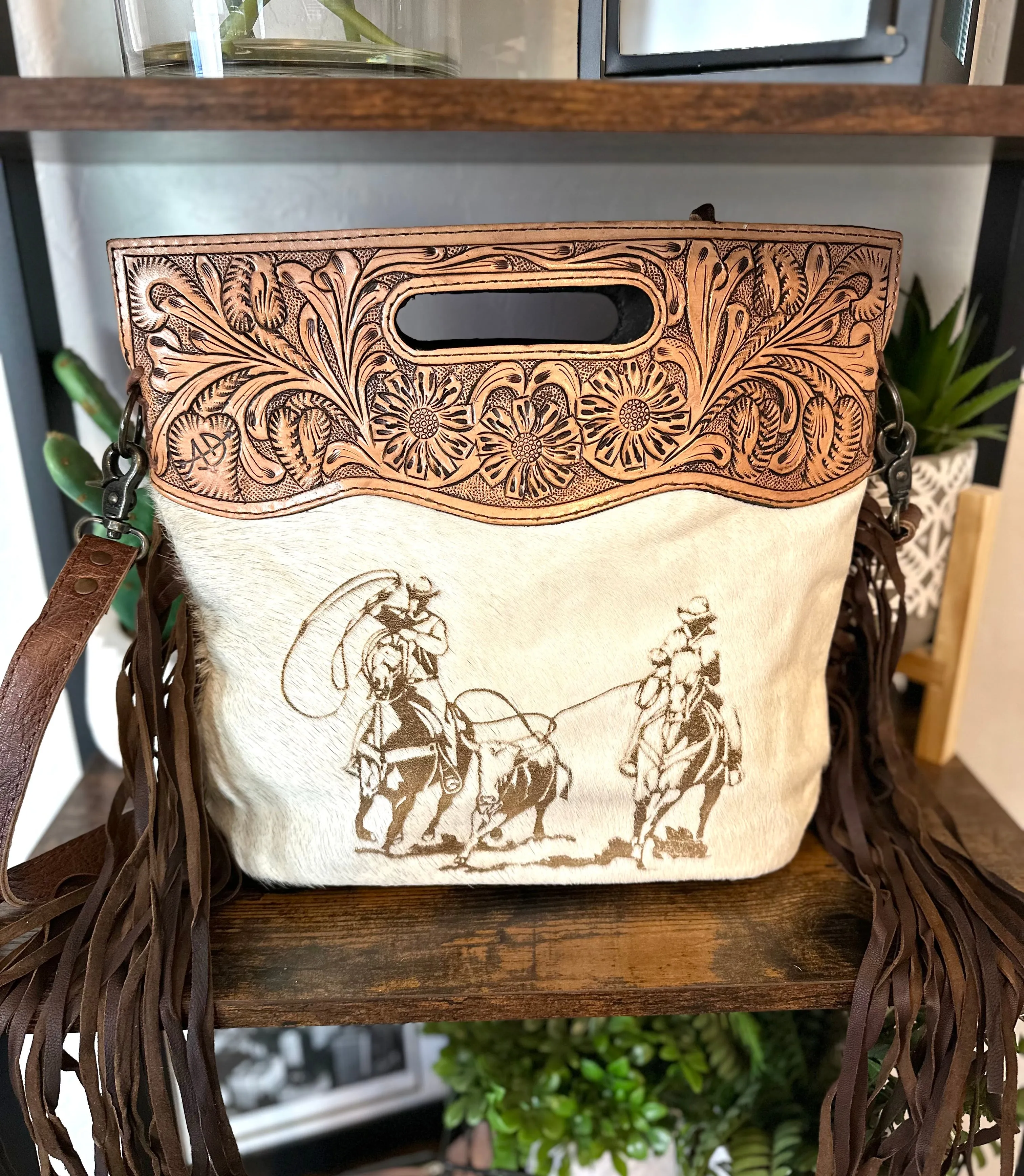 Team Roper Branded Tooled Handle Fringe / Crossbody Handbag
