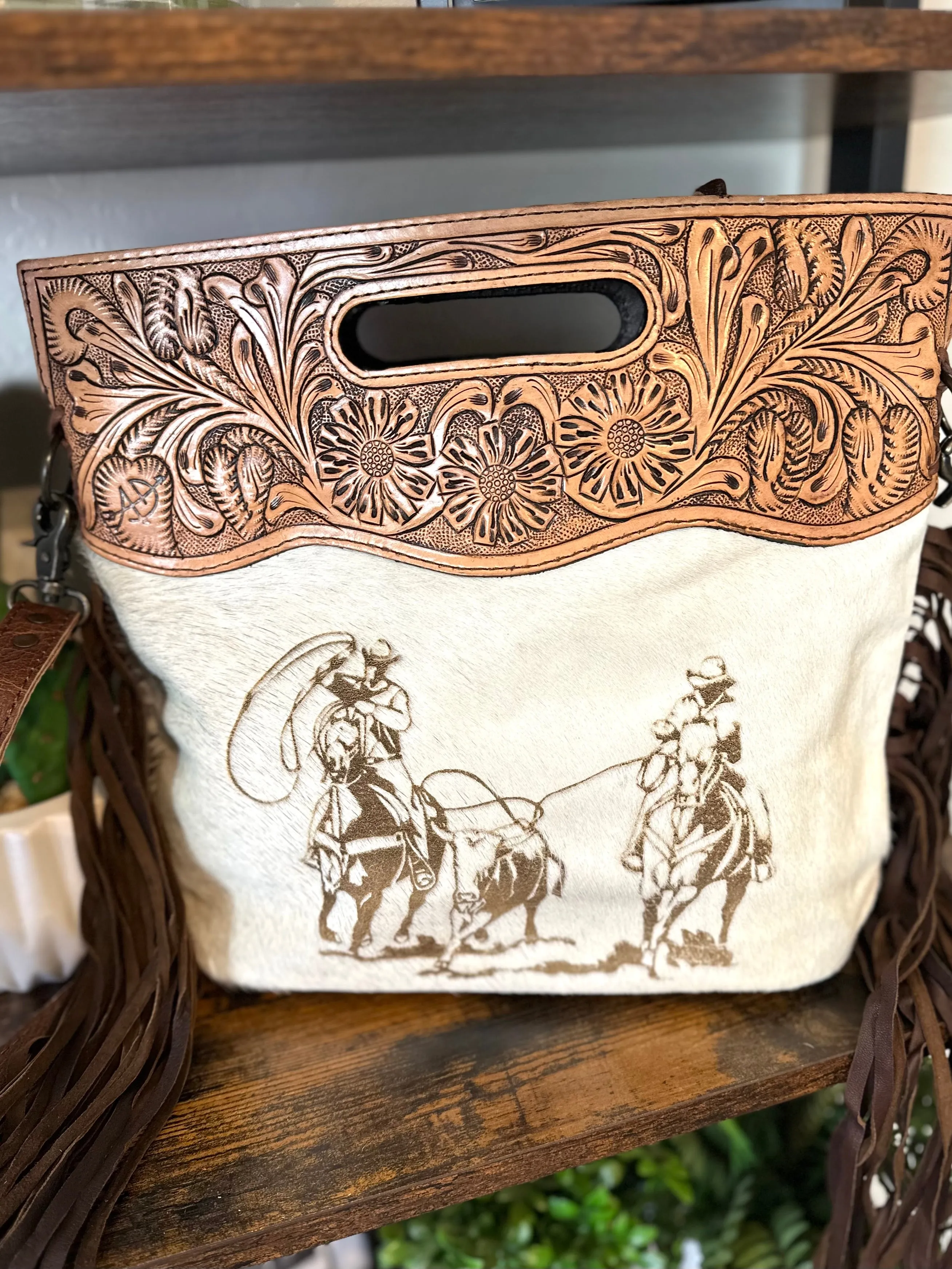 Team Roper Branded Tooled Handle Fringe / Crossbody Handbag