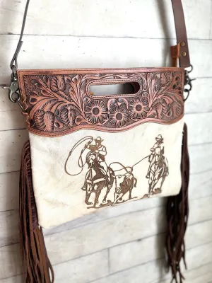 Team Roper Branded Tooled Handle Fringe / Crossbody Handbag