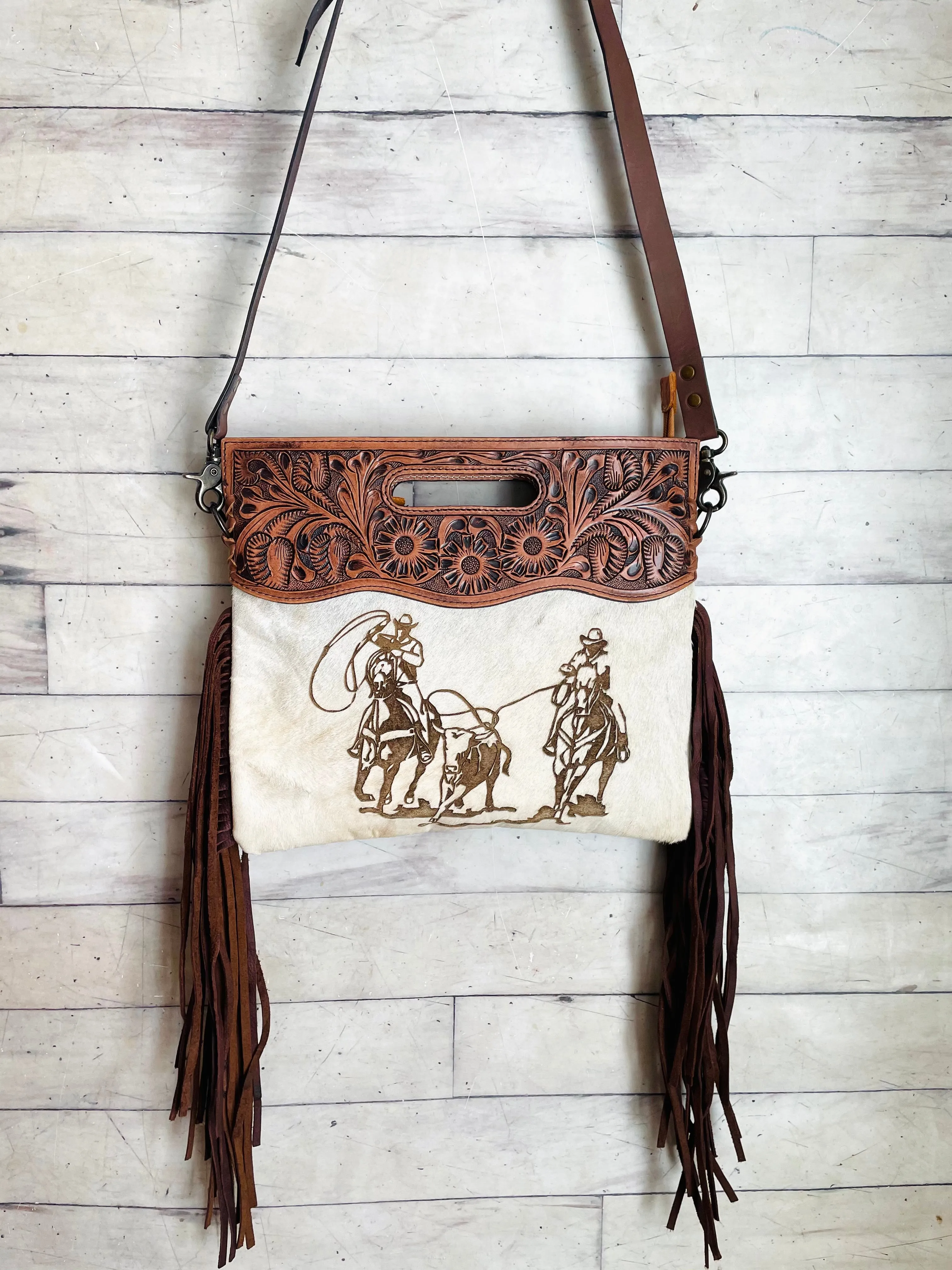 Team Roper Branded Tooled Handle Fringe / Crossbody Handbag