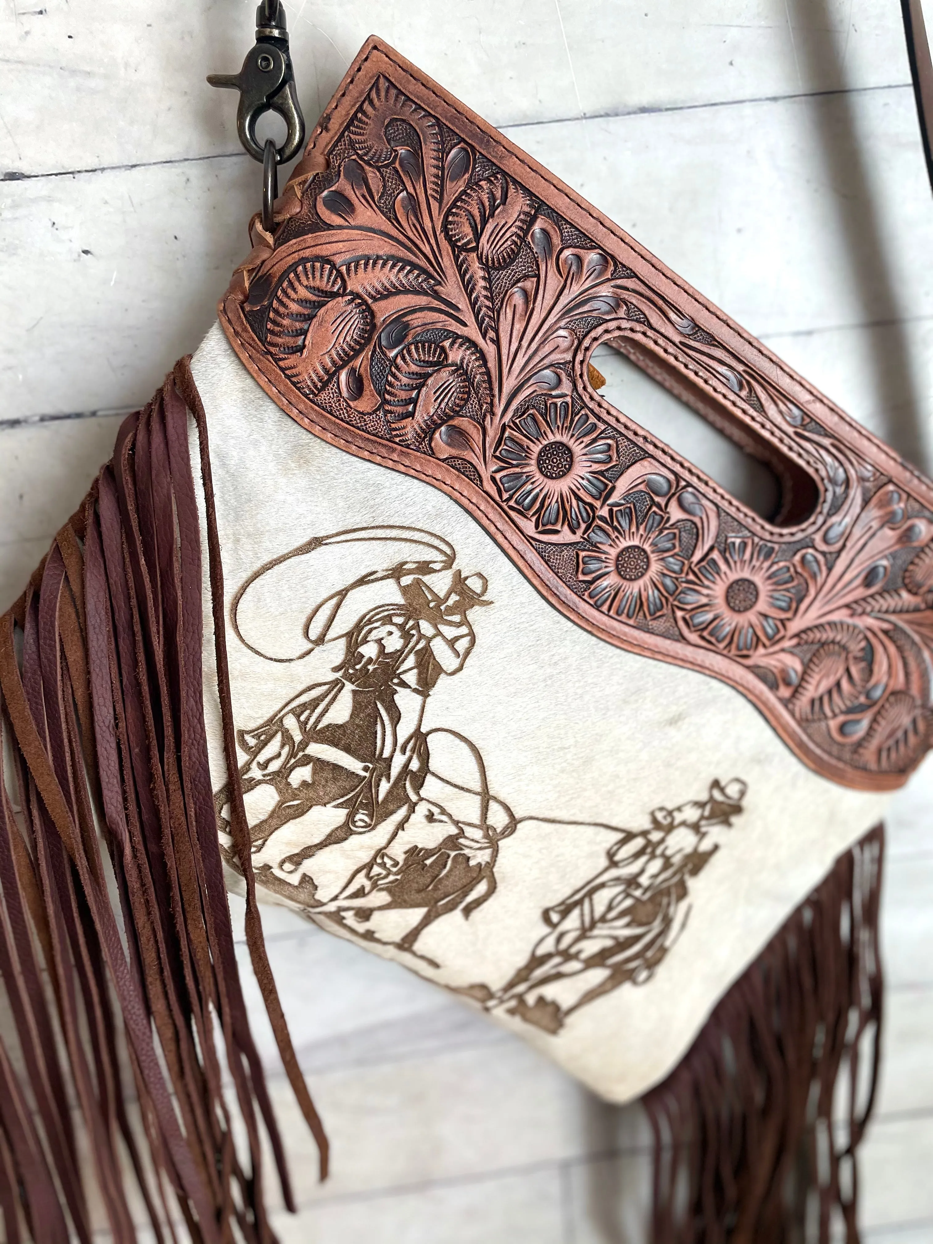 Team Roper Branded Tooled Handle Fringe / Crossbody Handbag