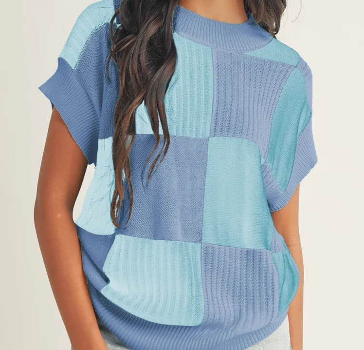 The Lexy Checkered Color Block Short Sleeve Sweater in Blue