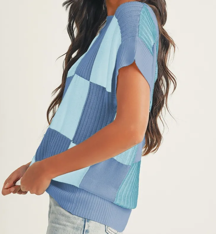 The Lexy Checkered Color Block Short Sleeve Sweater in Blue