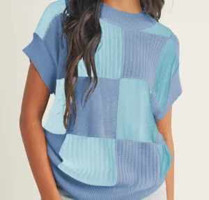 The Lexy Checkered Color Block Short Sleeve Sweater in Blue