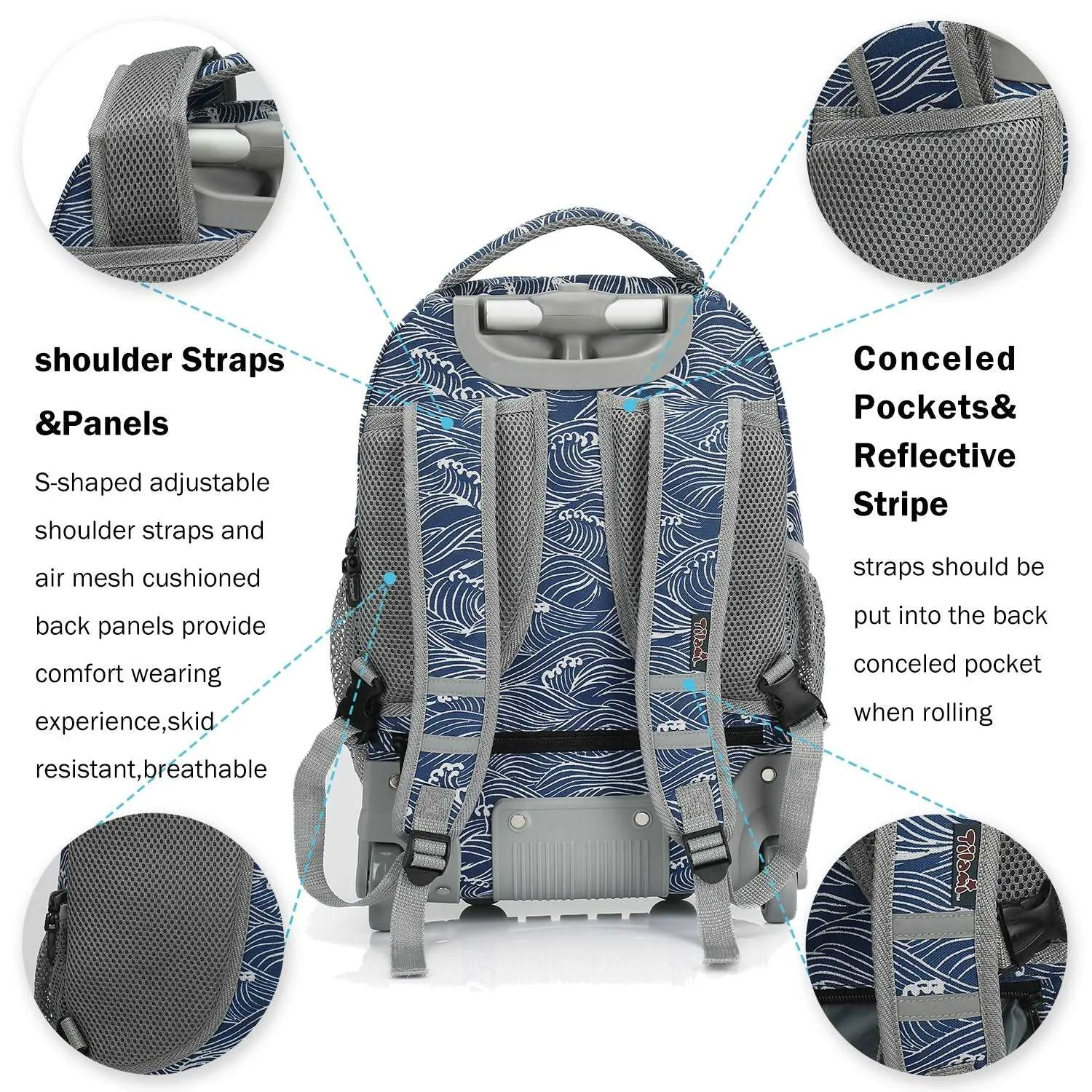 Tilami 18 inch Navy Blue Roaring Waves Rolling Backpack for Kids