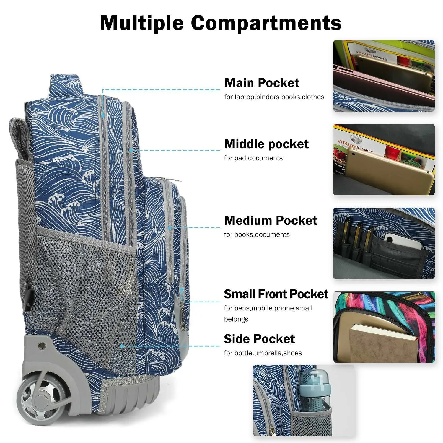 Tilami 18 inch Navy Blue Roaring Waves Rolling Backpack for Kids