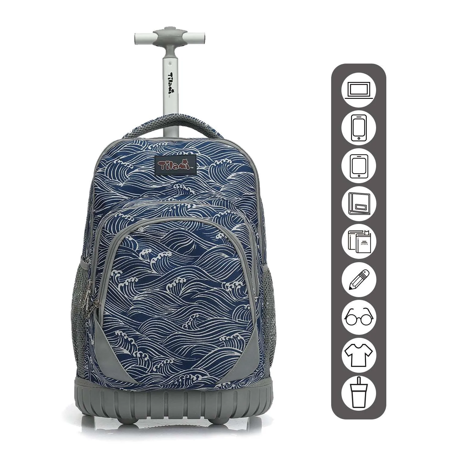 Tilami 18 inch Navy Blue Roaring Waves Rolling Backpack for Kids