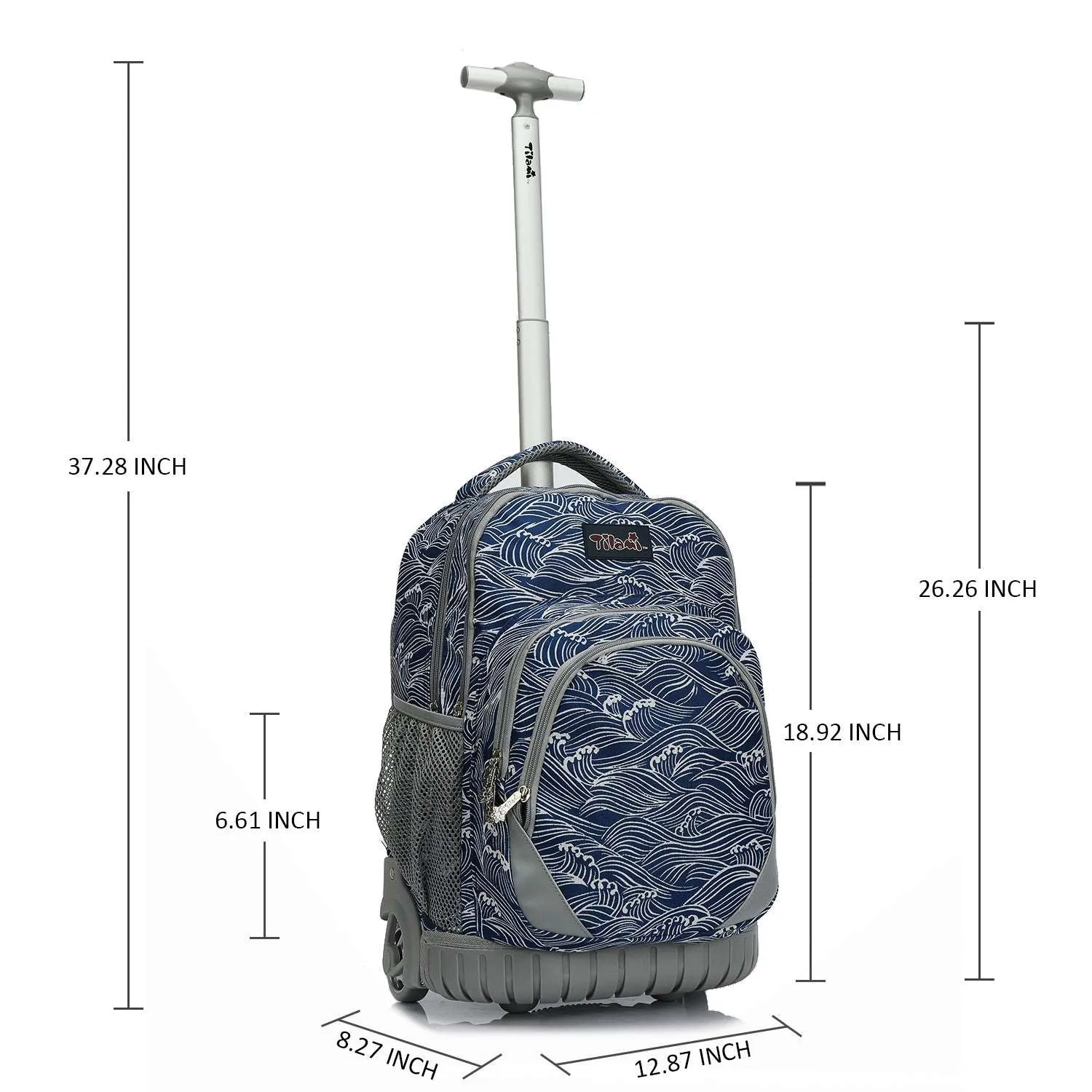 Tilami 18 inch Navy Blue Roaring Waves Rolling Backpack for Kids