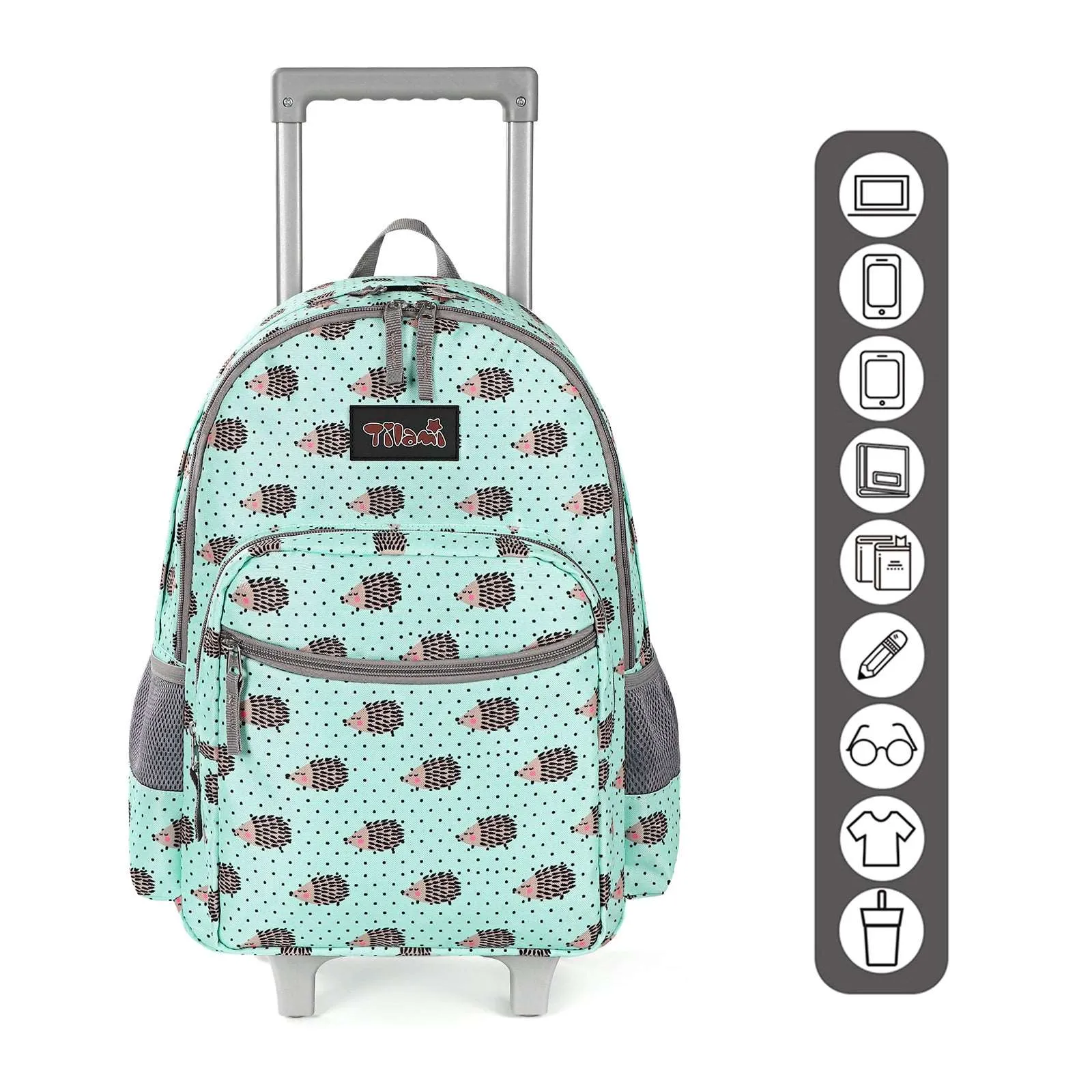 Tilami Green Hedgehog Rolling Backpack 18 inch with Lunch Bag