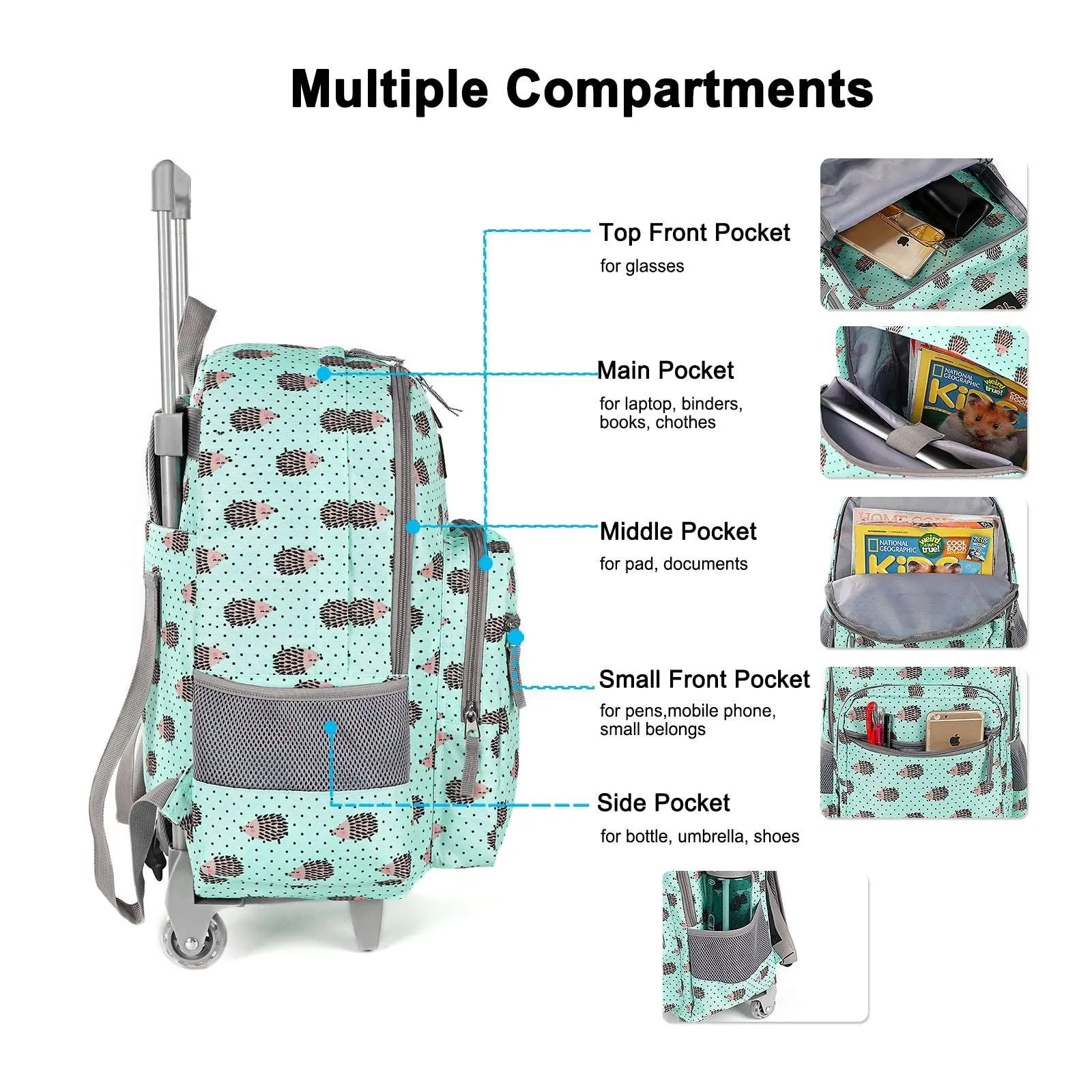 Tilami Green Hedgehog Rolling Backpack 18 inch with Lunch Bag