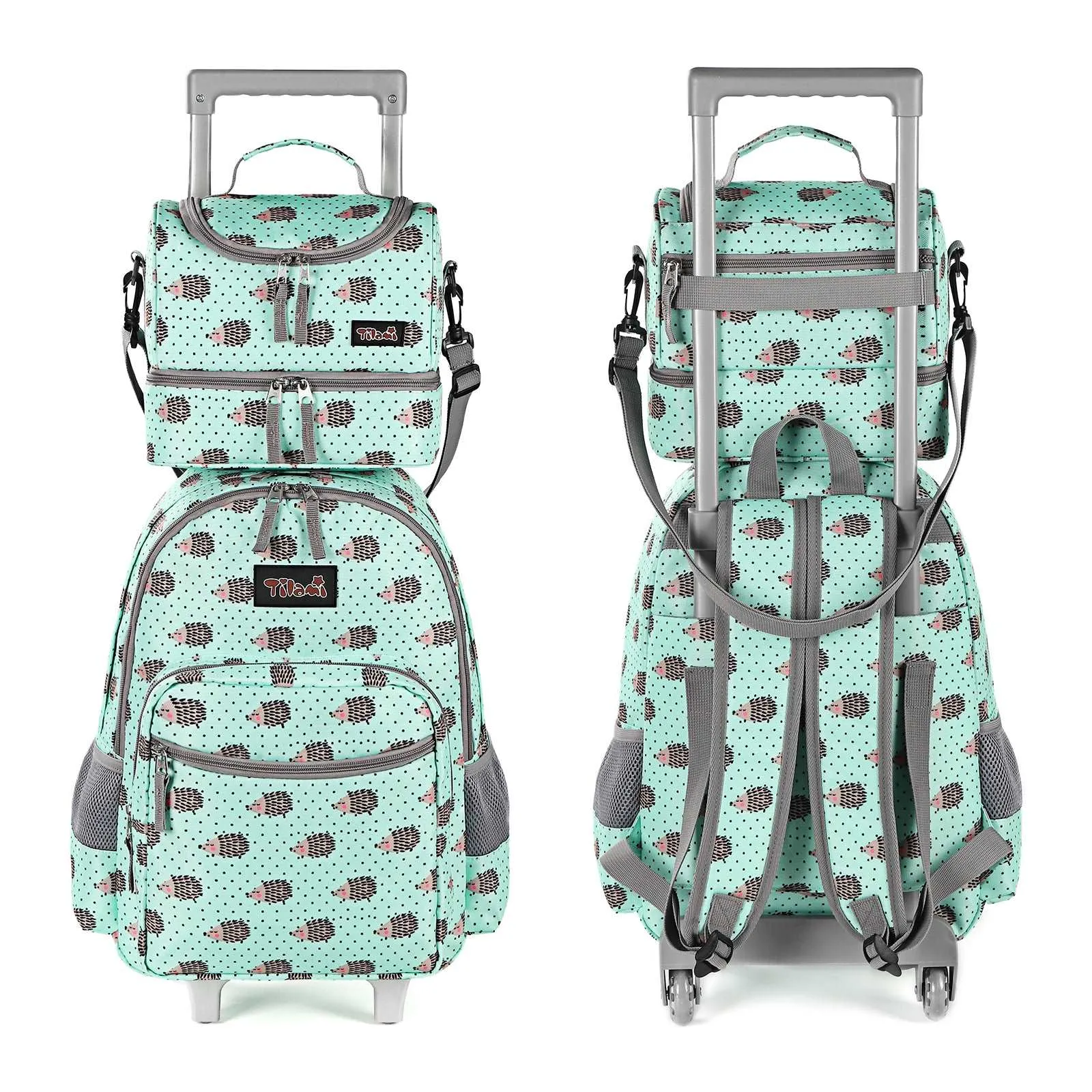 Tilami Green Hedgehog Rolling Backpack 18 inch with Lunch Bag