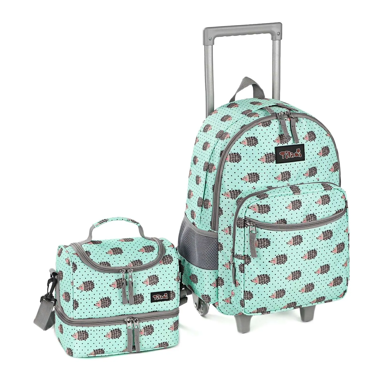 Tilami Green Hedgehog Rolling Backpack 18 inch with Lunch Bag