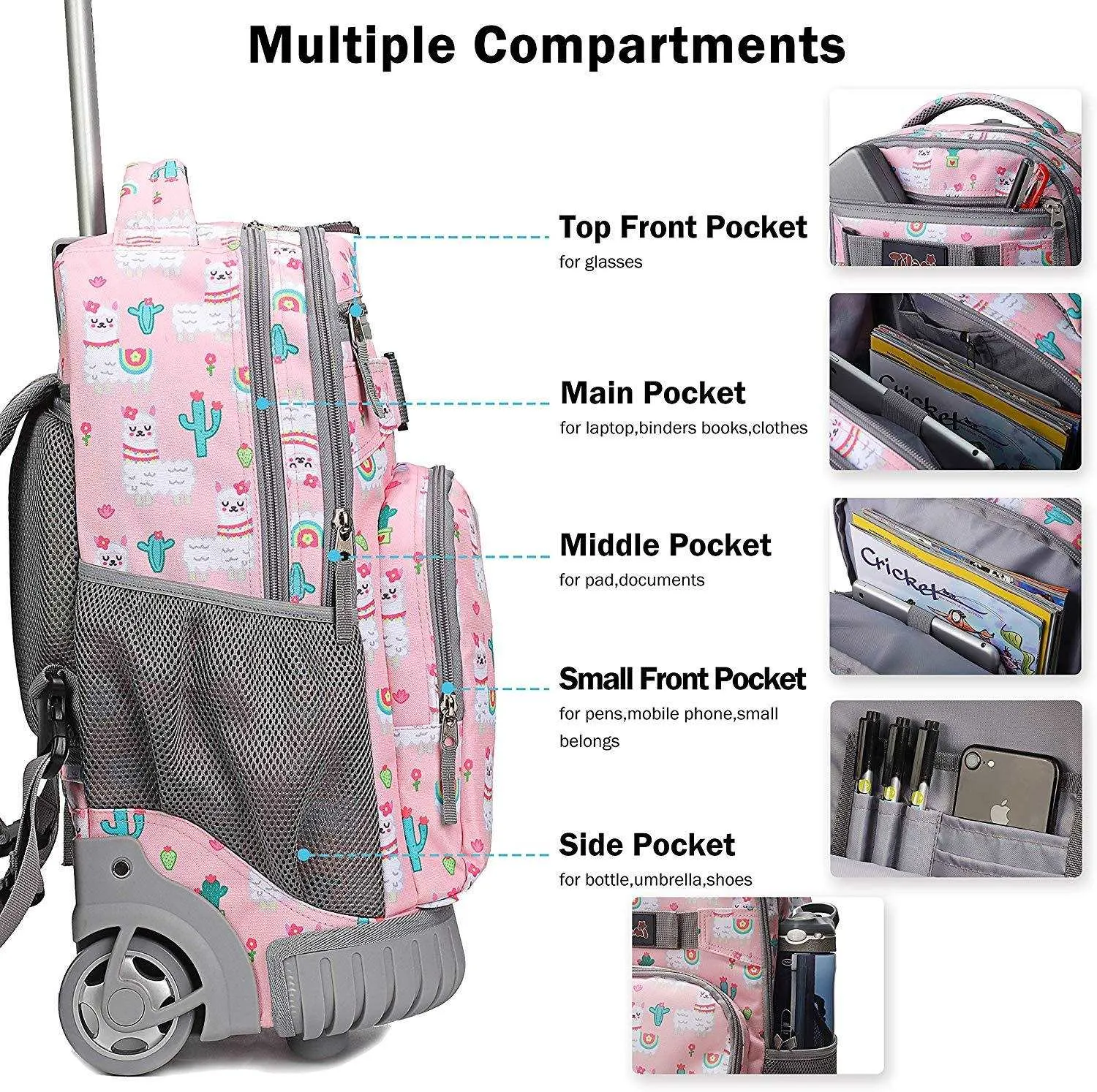 Tilami Pink Alpaca Print 18 inch Rolling Backpack