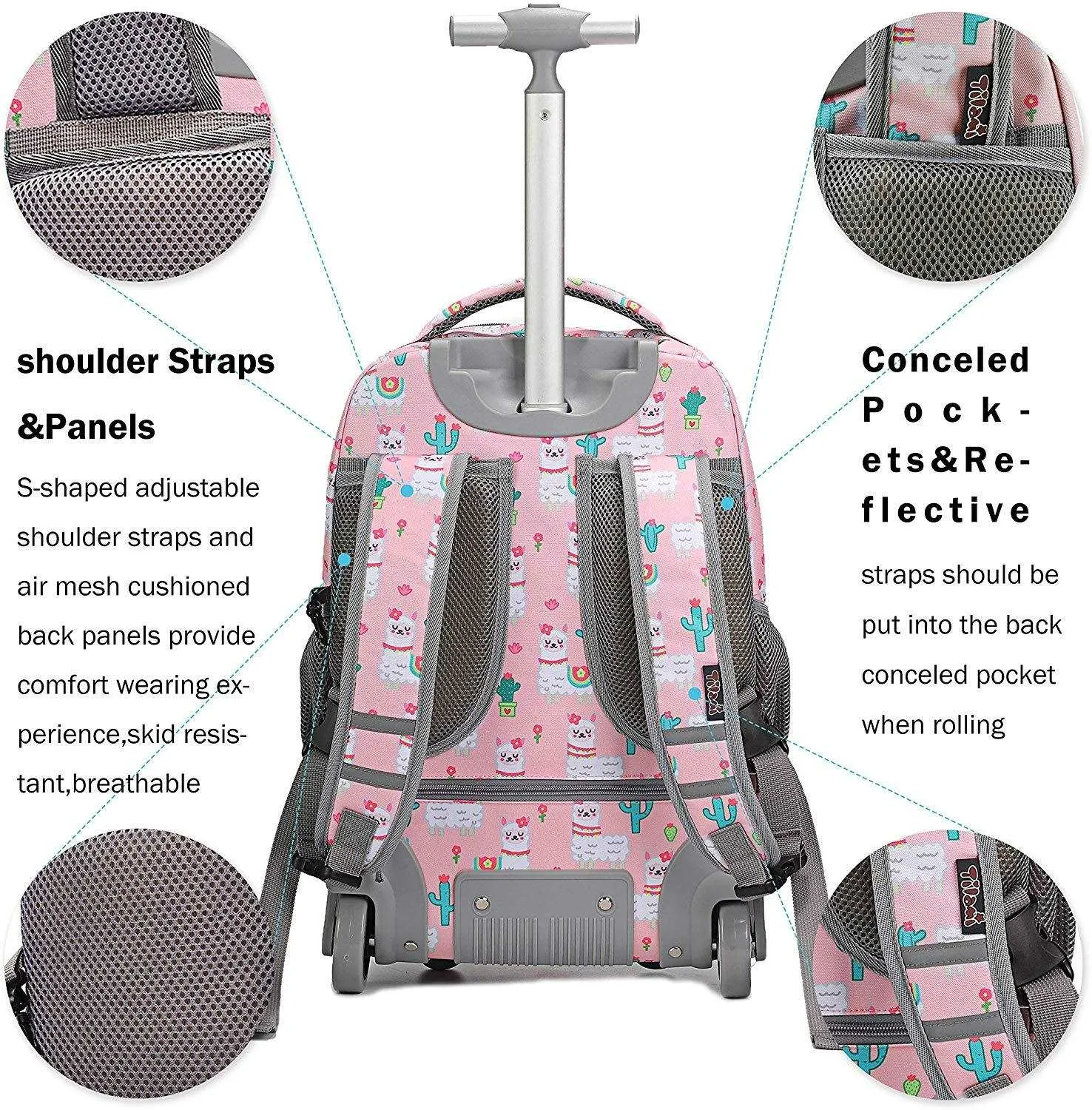 Tilami Pink Alpaca Print 18 inch Rolling Backpack