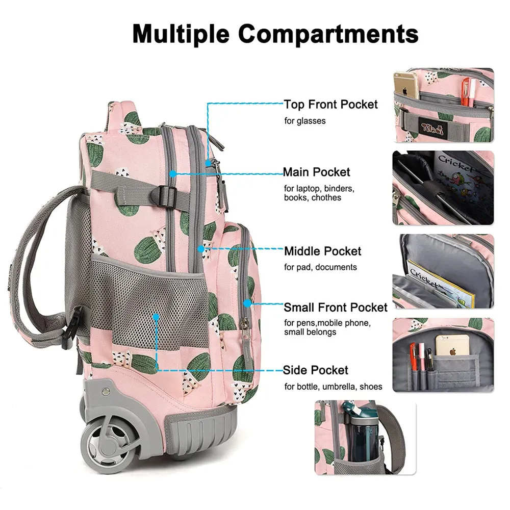 Tilami Pink Cactus 19 inch Rolling Backpack Kids Wheeled Backpack