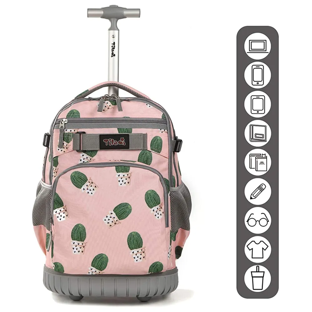 Tilami Pink Cactus 19 inch Rolling Backpack Kids Wheeled Backpack