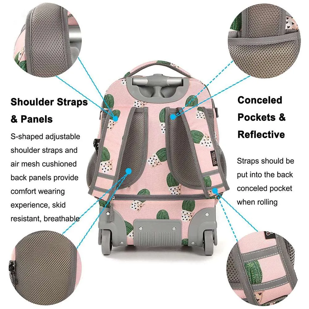 Tilami Pink Cactus 19 inch Rolling Backpack Kids Wheeled Backpack