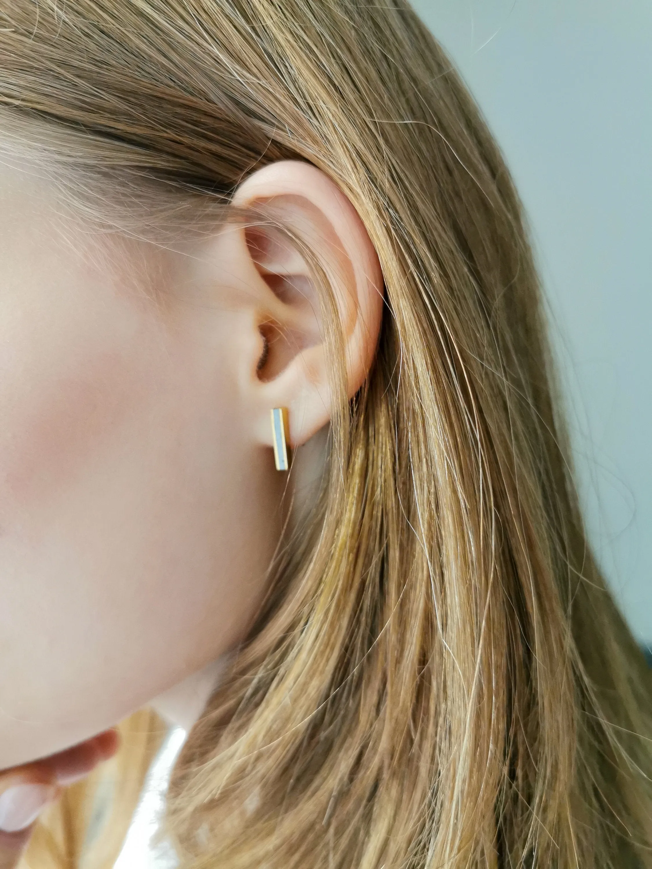 Tiny line gold & concrete bar earrings