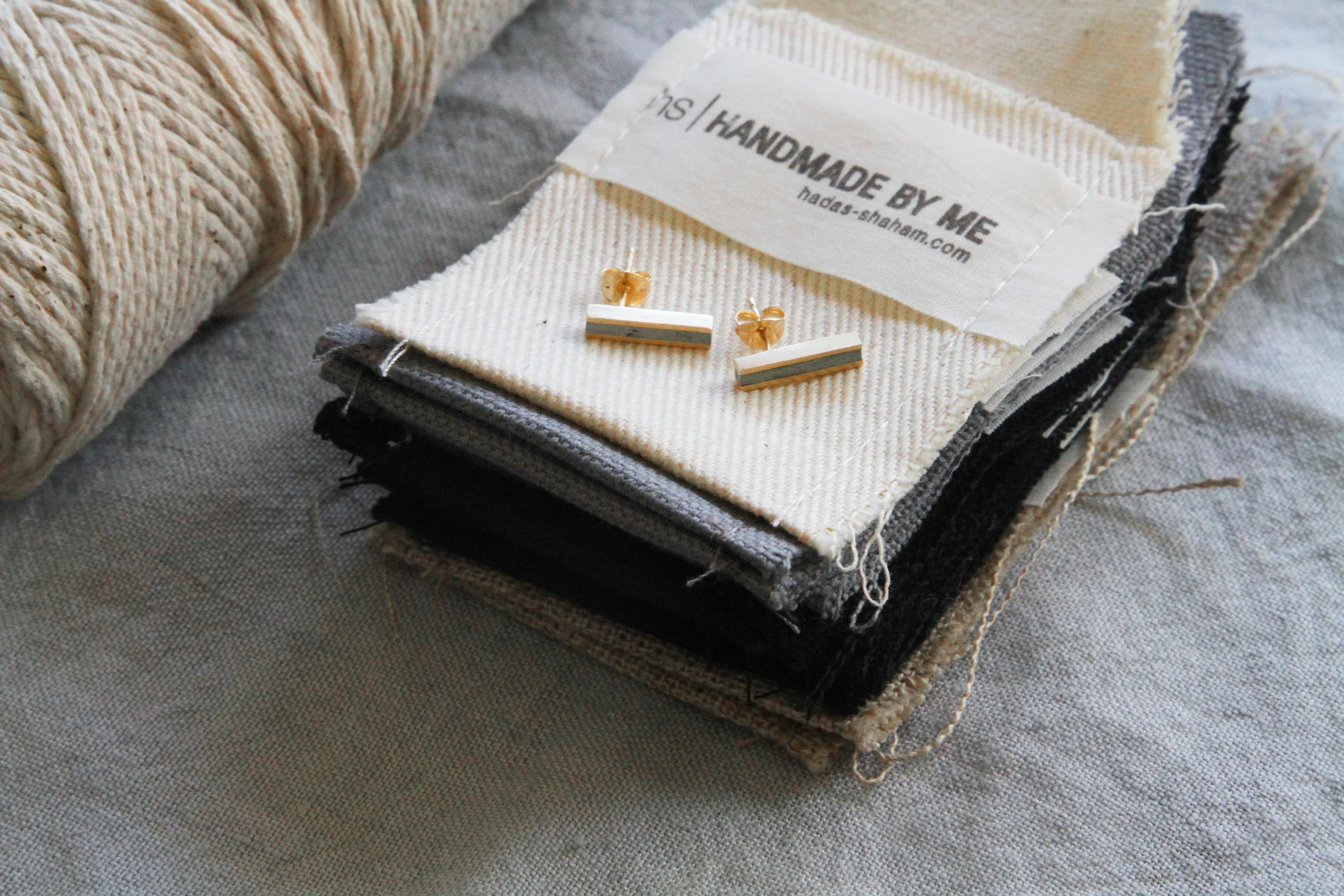 Tiny line gold & concrete bar earrings
