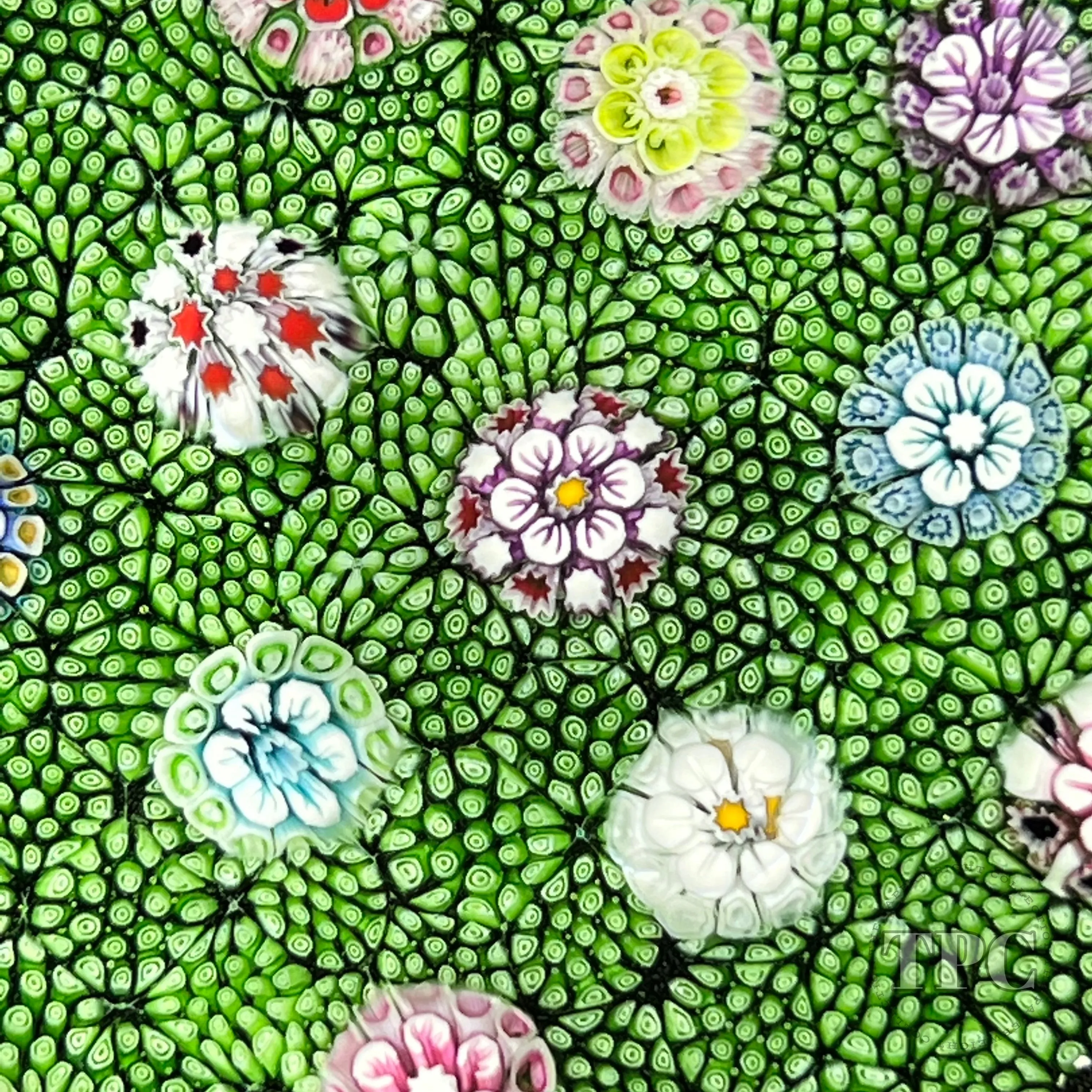 Tomasz Gondek 2022 Glass Art Paperweight Plaque Scattered Complex Millefiori on Green Coral Ground