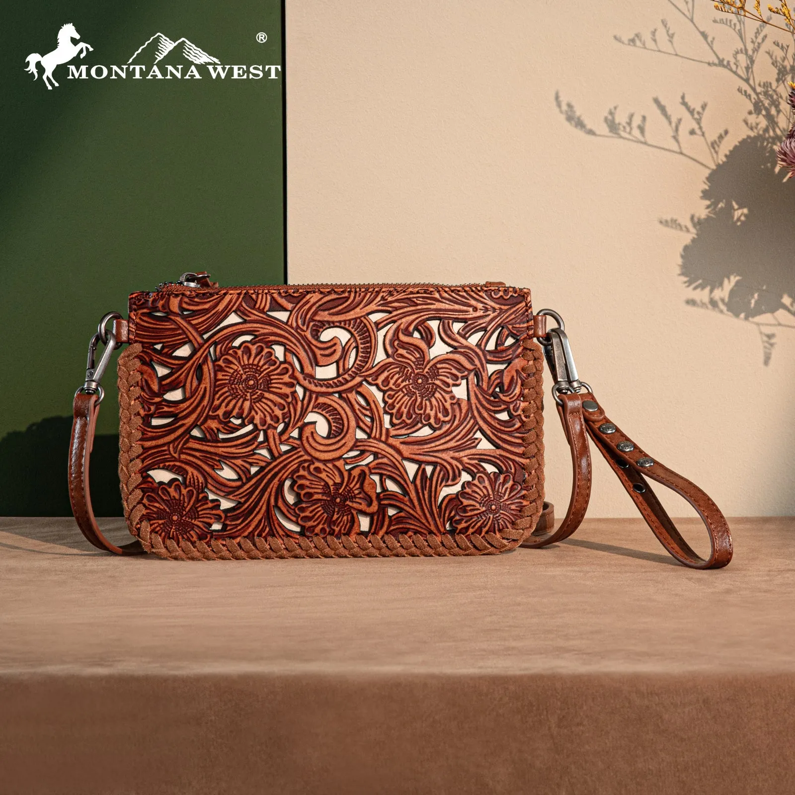 TR186-181  Trinity Ranch Leather Floral Tooled Collection Clutch/Crossbody