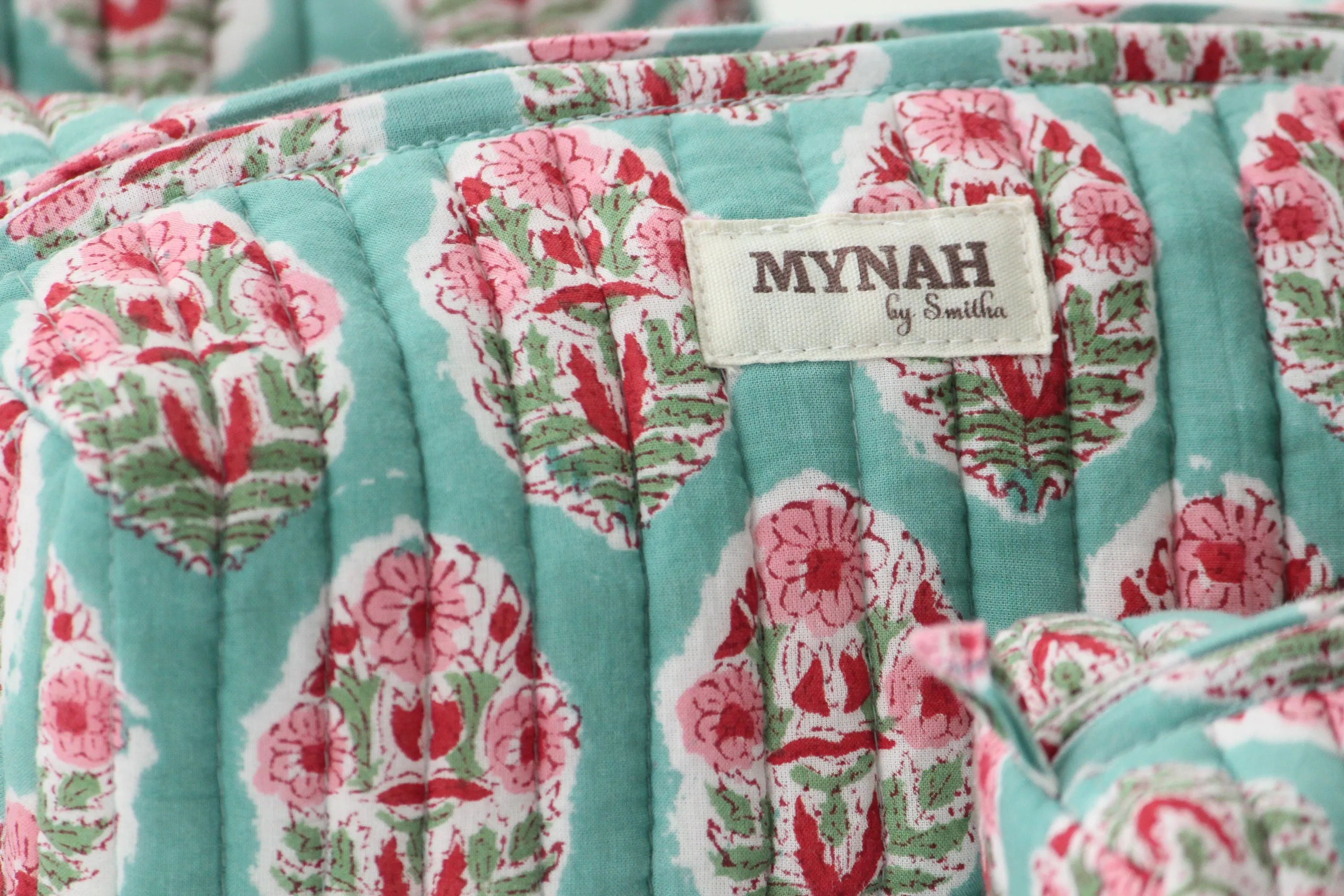 'TURQUOISE BOUQUET' hand block printed quilted travel/makeup zipper pouch-set of 3