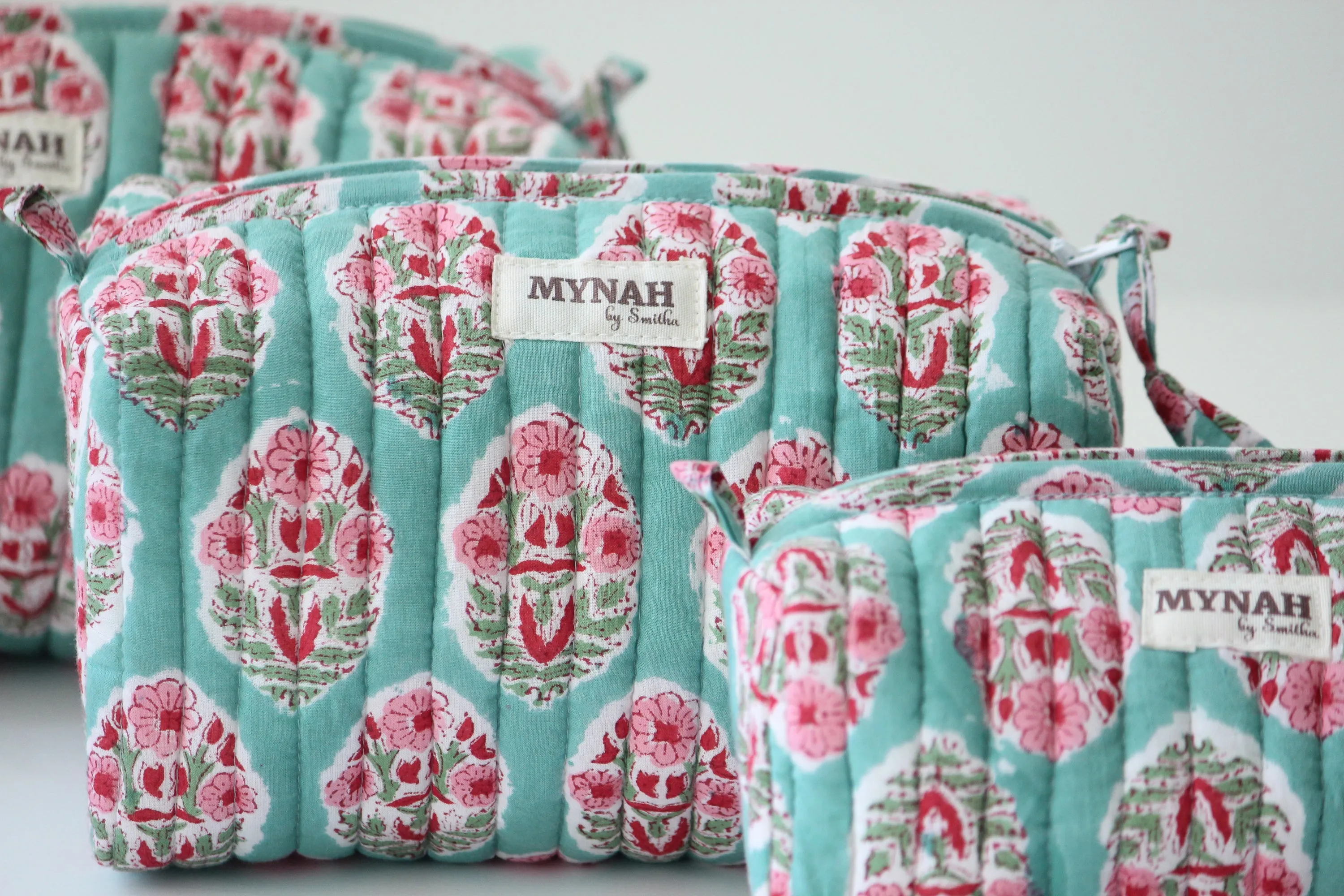 'TURQUOISE BOUQUET' hand block printed quilted travel/makeup zipper pouch-set of 3