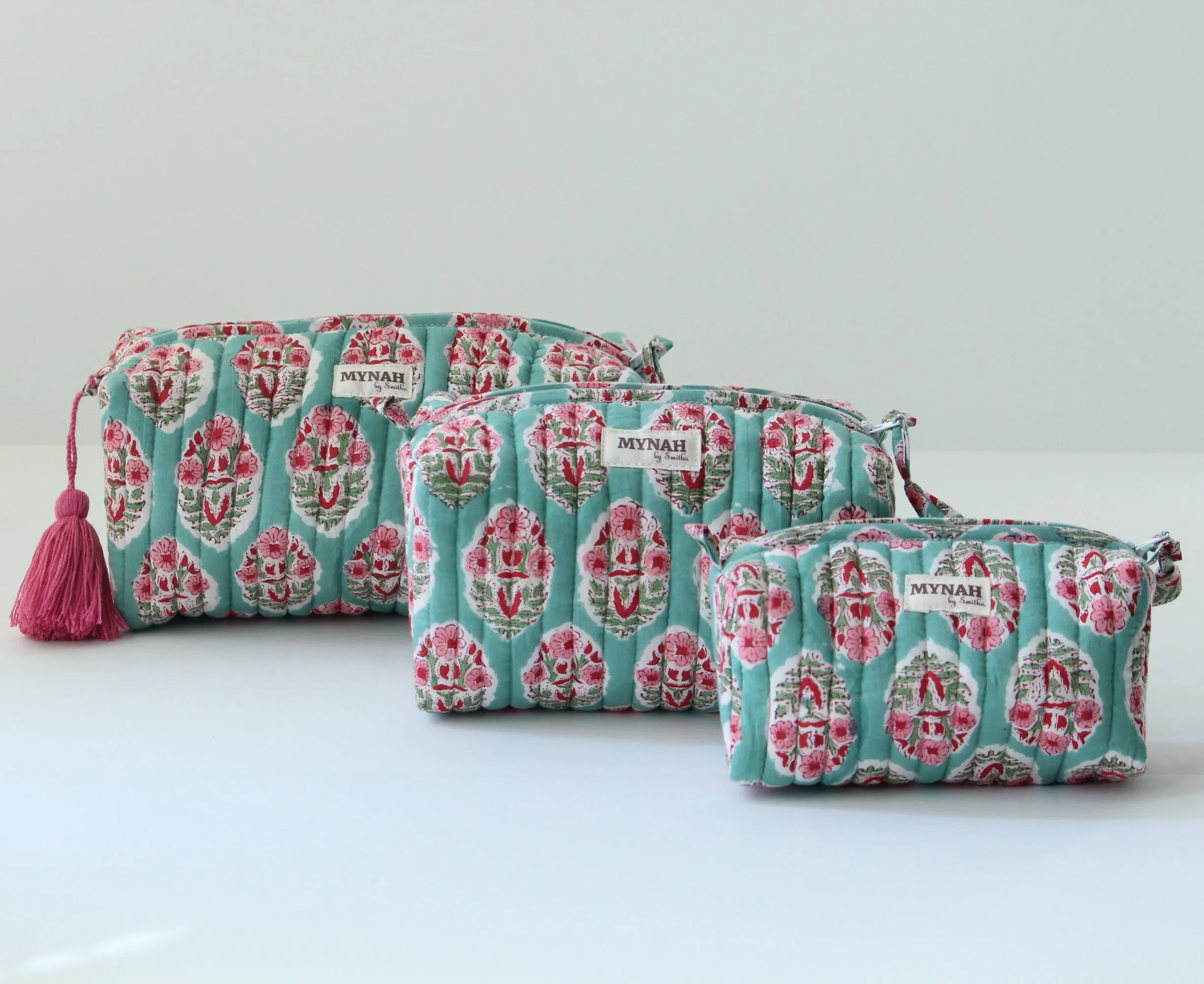 'TURQUOISE BOUQUET' hand block printed quilted travel/makeup zipper pouch-set of 3