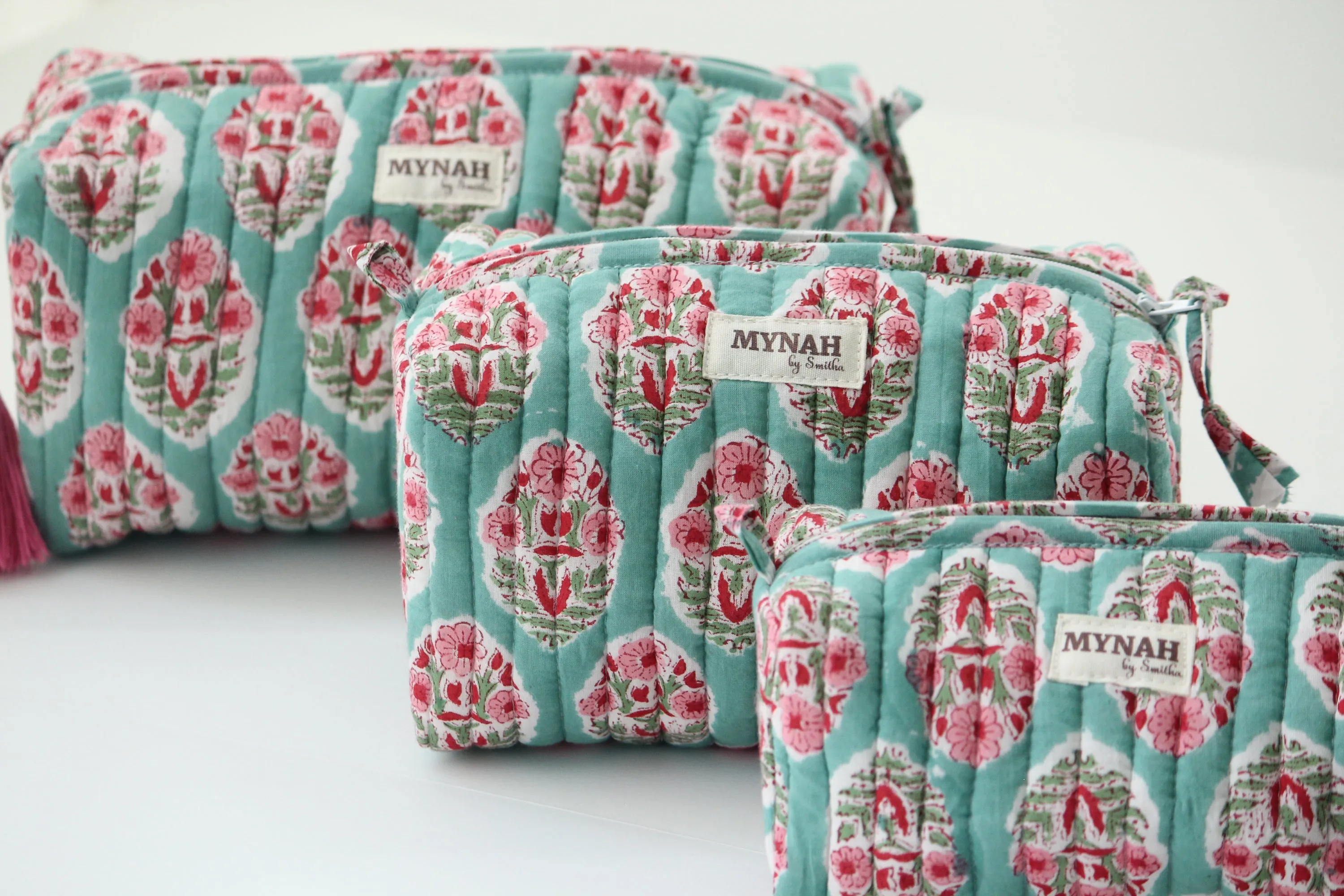 'TURQUOISE BOUQUET' hand block printed quilted travel/makeup zipper pouch-set of 3