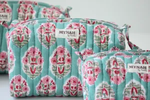 'TURQUOISE BOUQUET' hand block printed quilted travel/makeup zipper pouch-set of 3