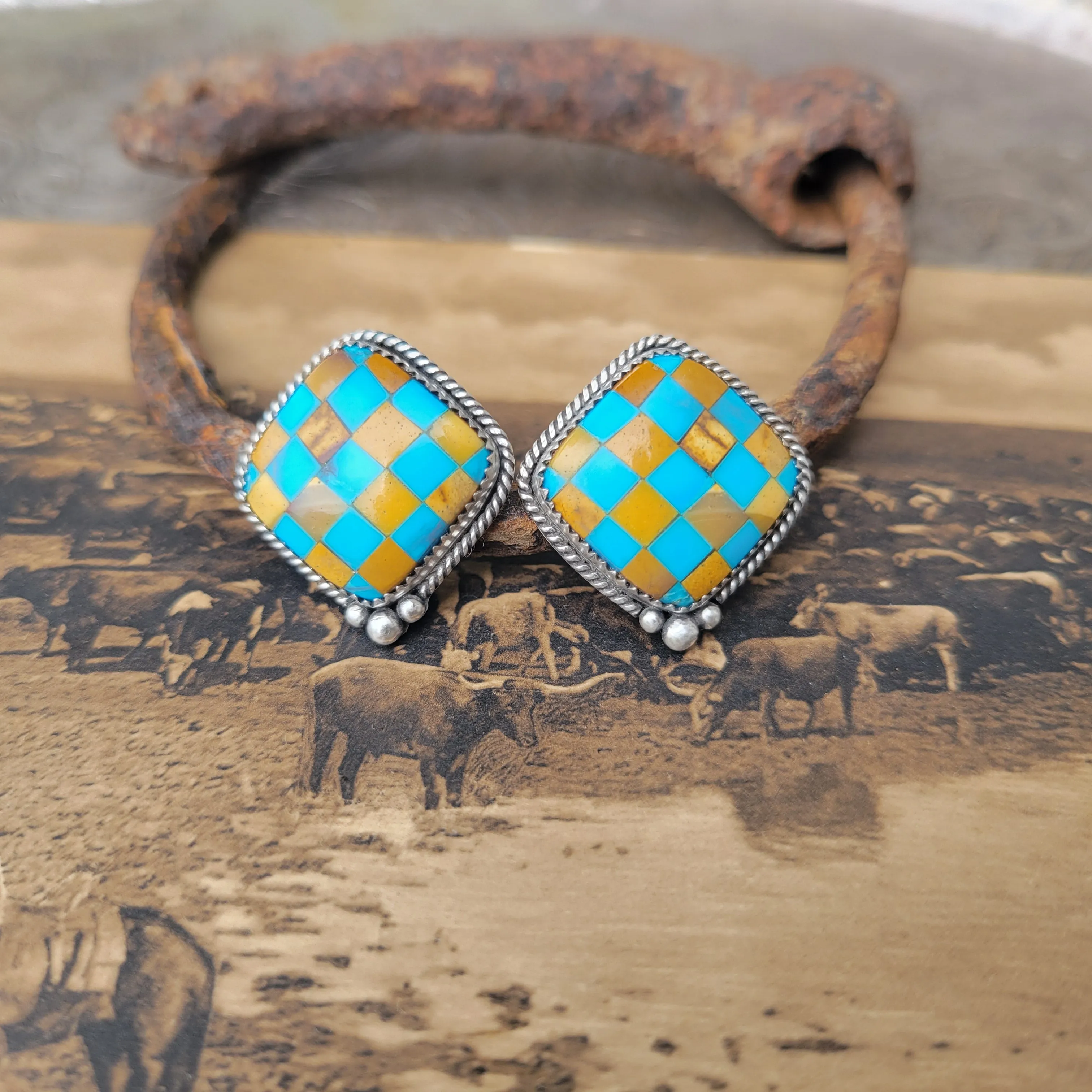 Turquoise × Jasper Checker Studs