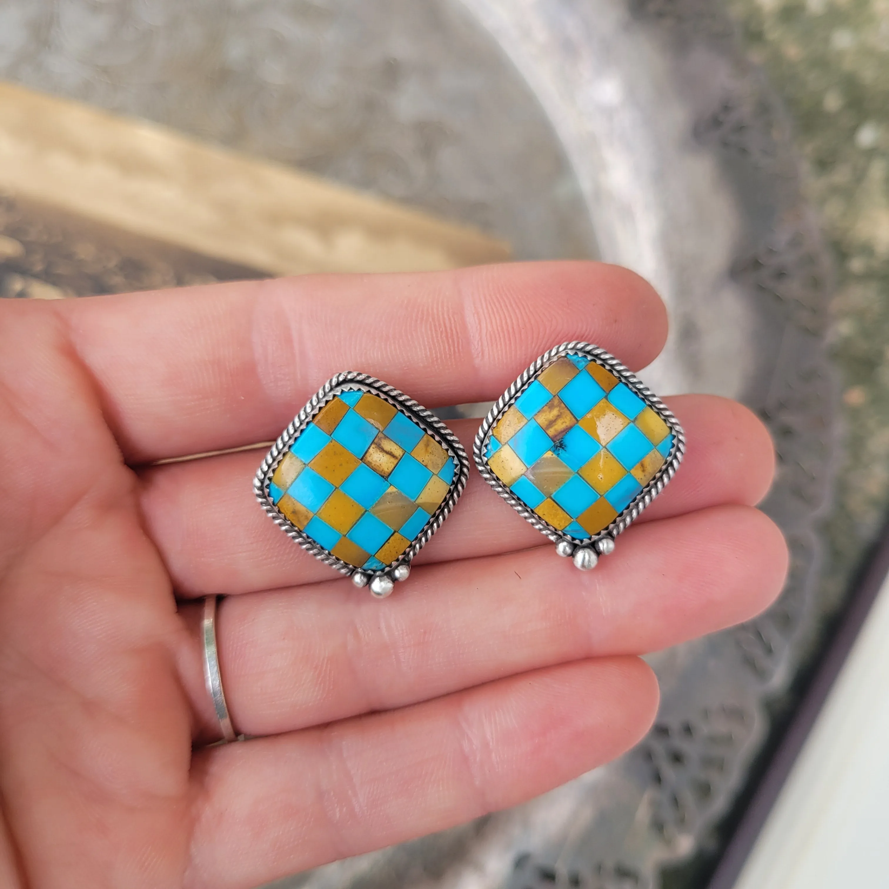 Turquoise × Jasper Checker Studs