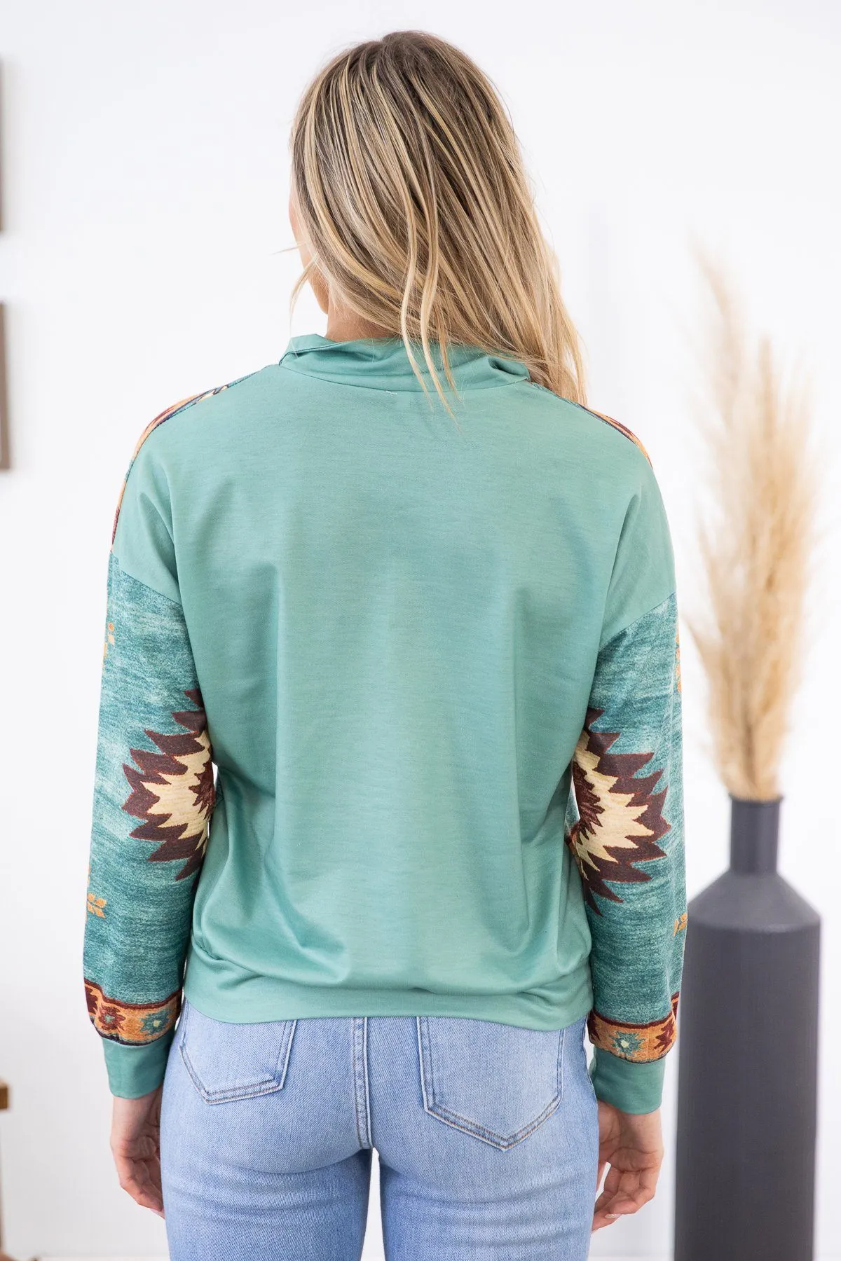 Turquoise Multicolor Aztec Print 1/4 Zip Top