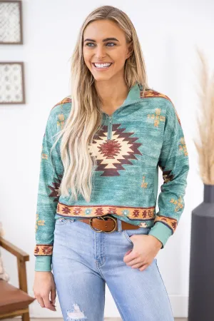 Turquoise Multicolor Aztec Print 1/4 Zip Top