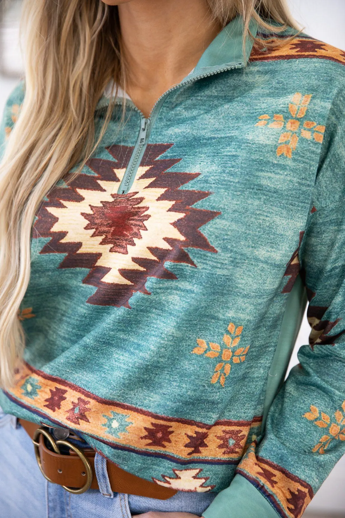 Turquoise Multicolor Aztec Print 1/4 Zip Top