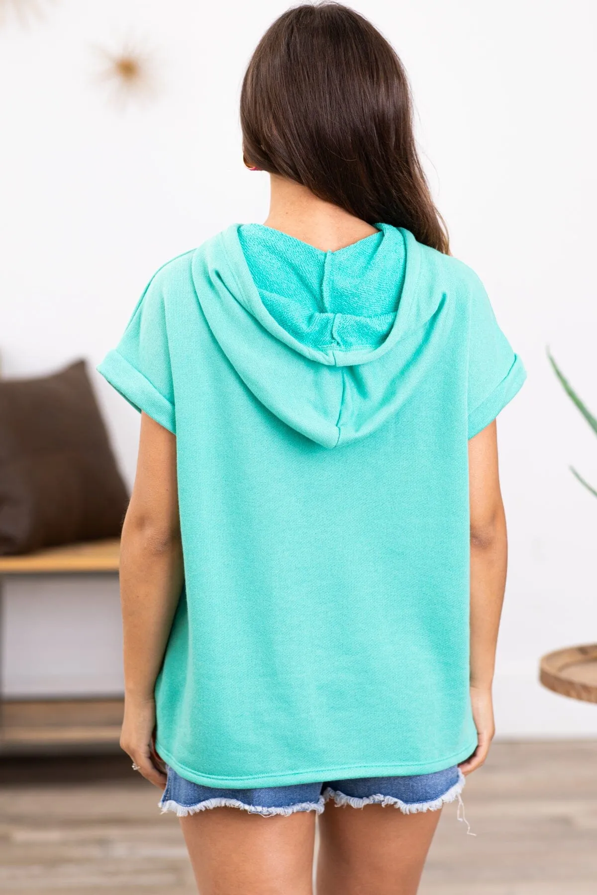 Turquoise Short Sleeve Hooded Top