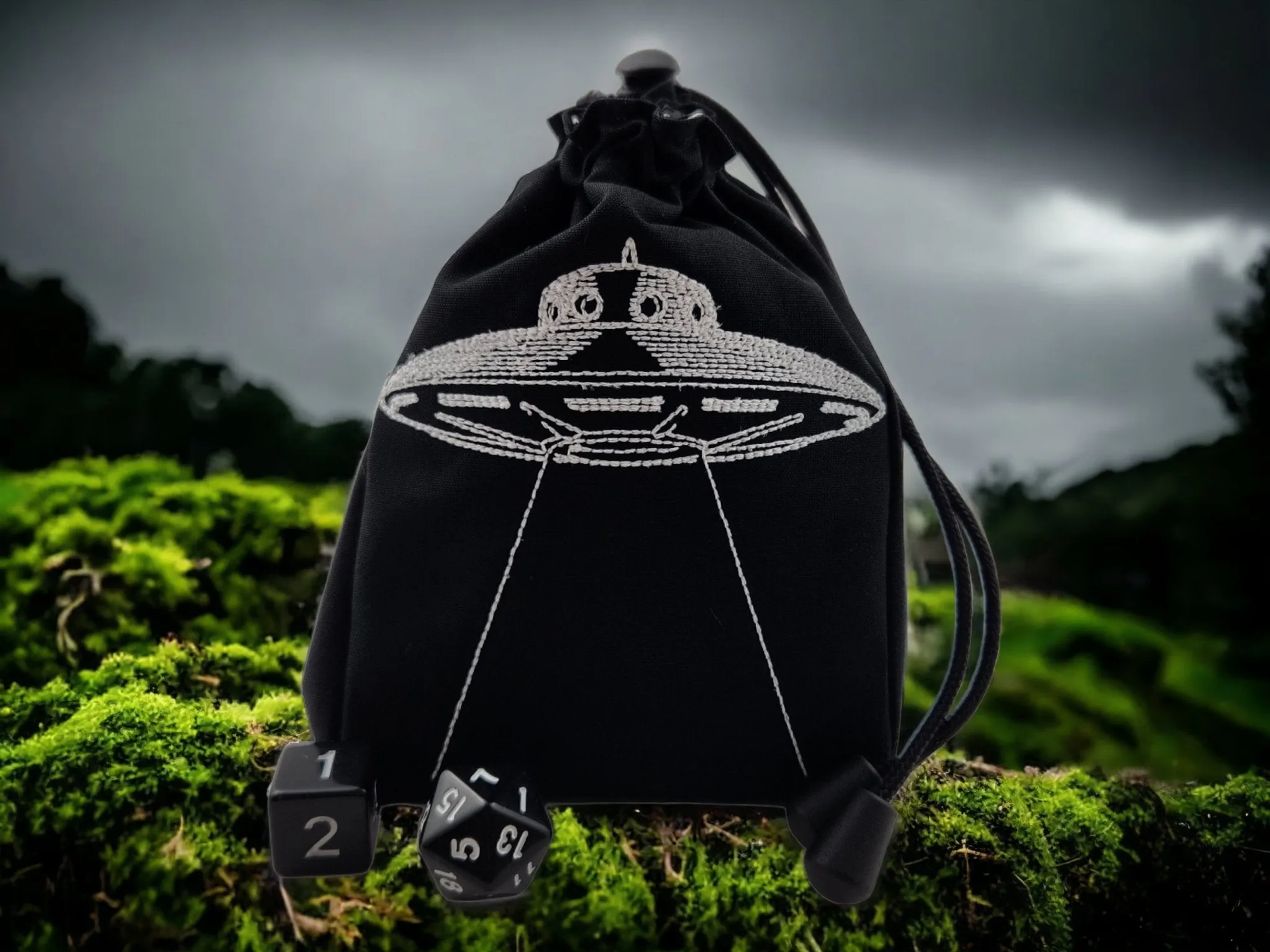 UFO spaceship, glow in the dark, dice bag
