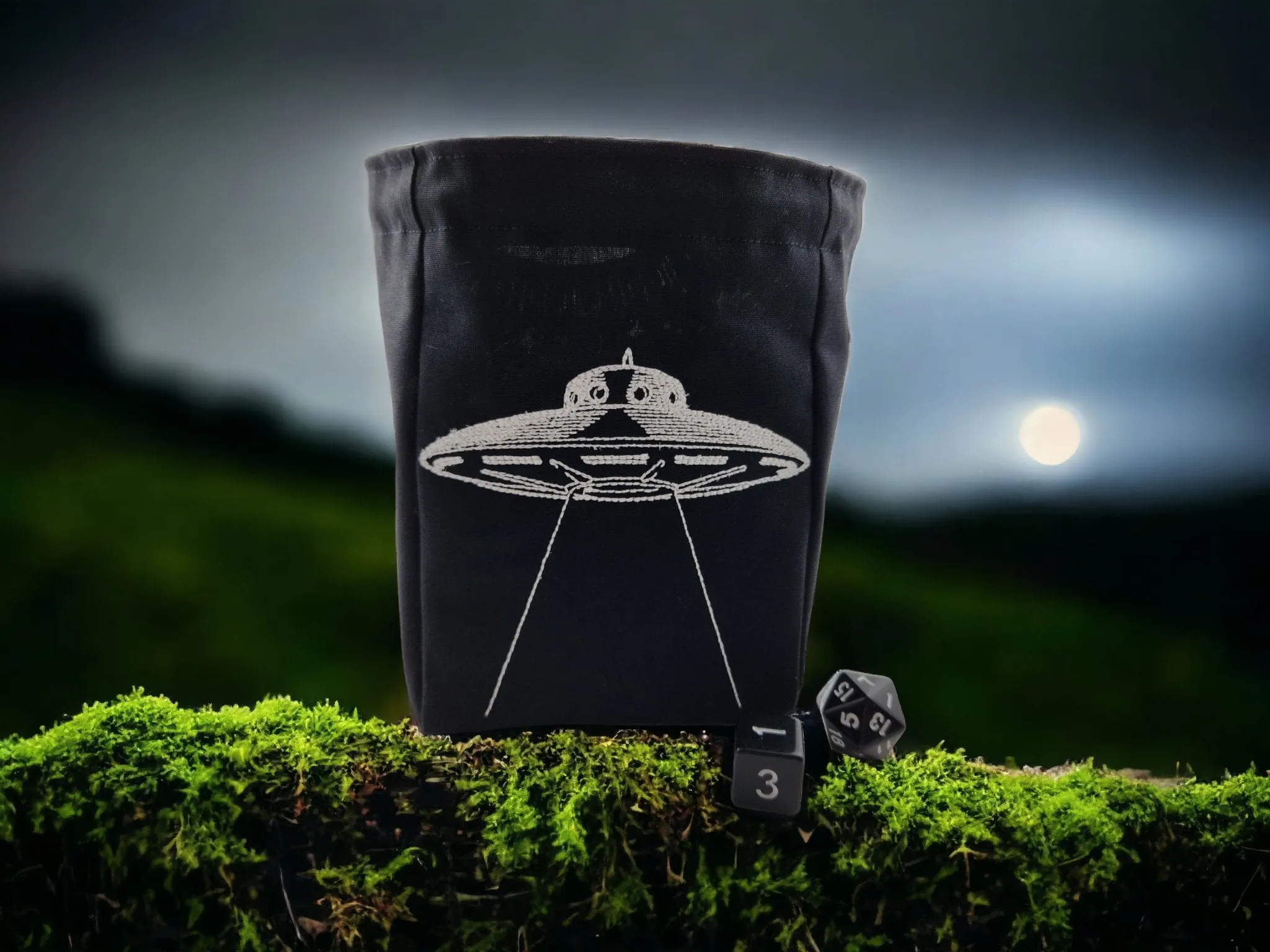 UFO spaceship, glow in the dark, dice bag