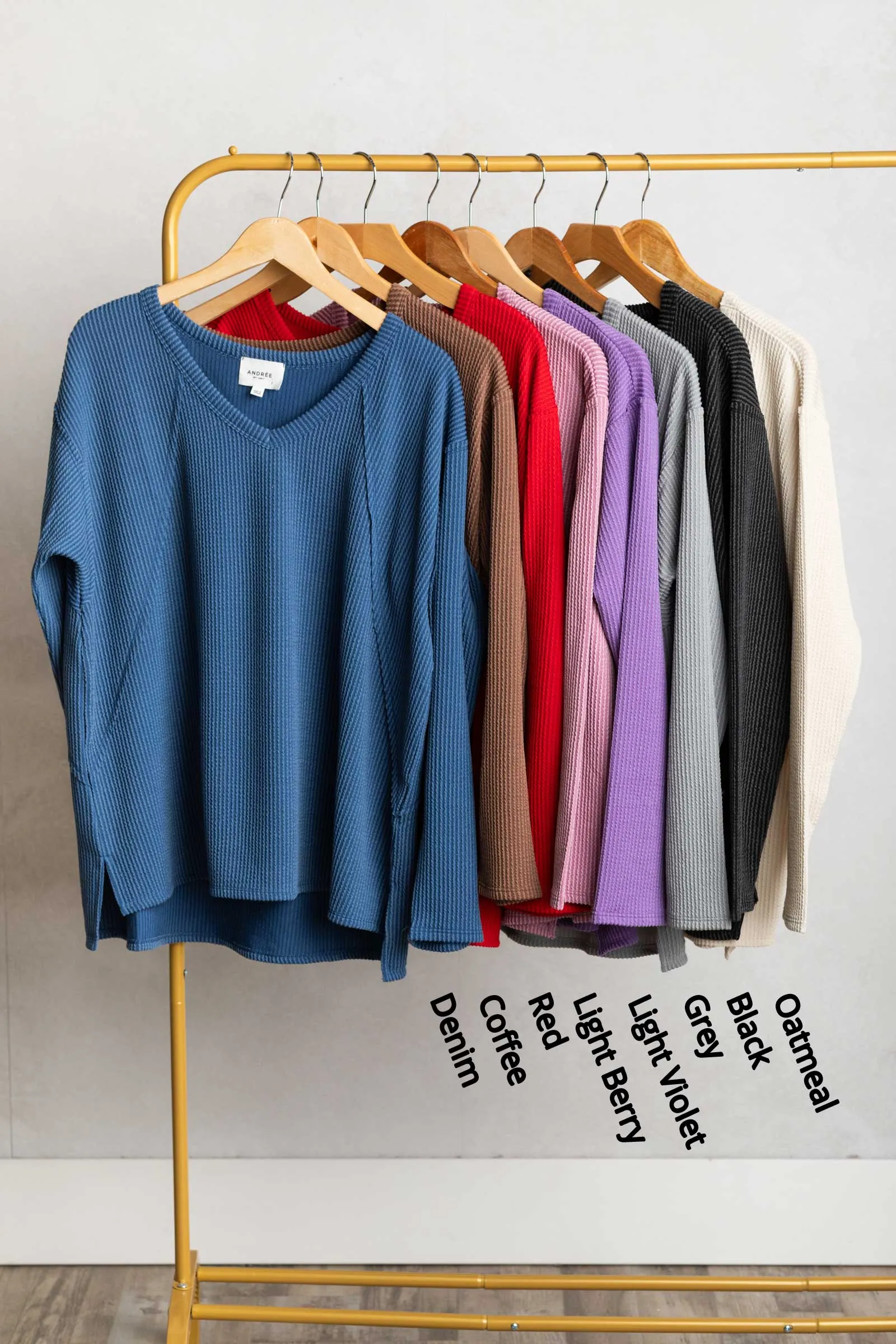 V-Neck Knit Ribbed Long Sleeve Top